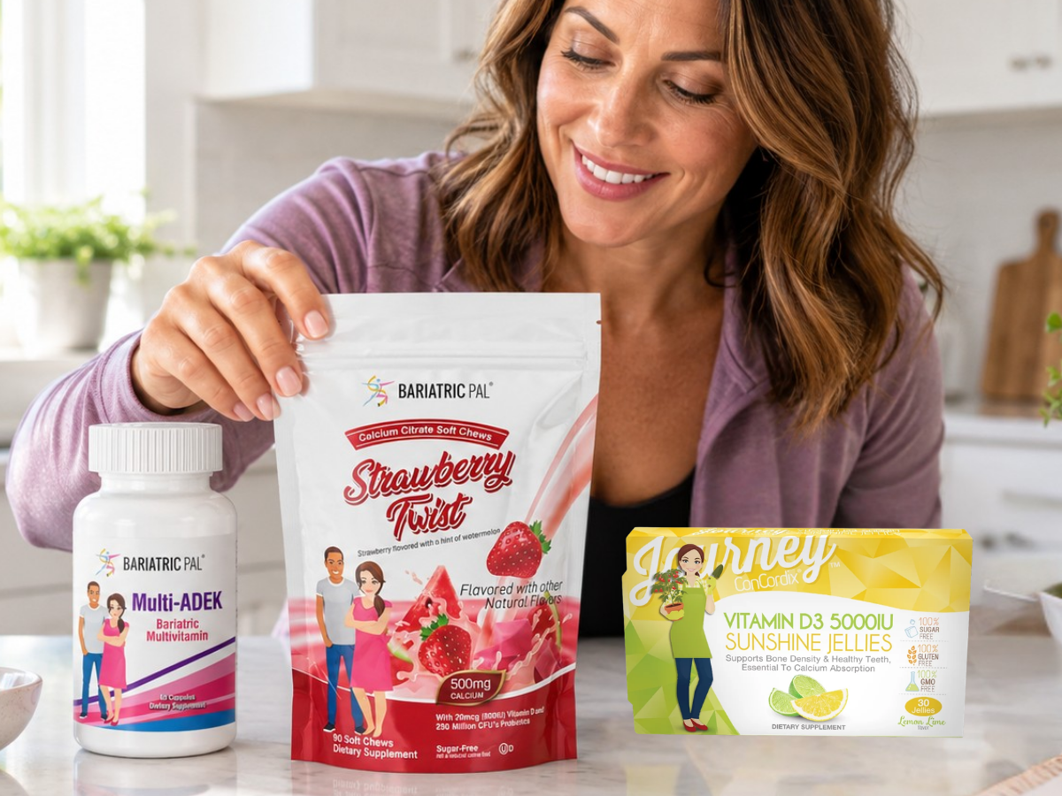 Woman organizing her morning bariatric supplement routine with BariatricPal Calcium Citrate Soft Chews, Multi-ADEK Bariatric Multivitamin, and Journey Vitamin D3 Sunshine Jellies in a bright kitchen.