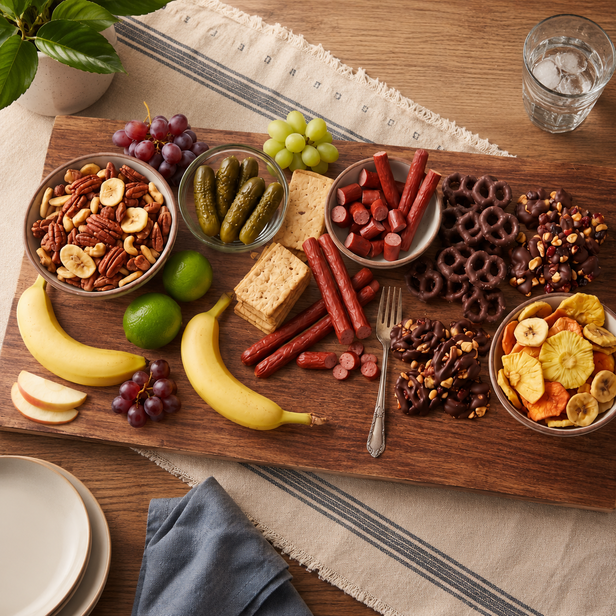 A wooden board displays a variety of summer snacks, including fruits, nuts, pickles, meat sticks, pretzels, and dried fruits, alongside plates and a glass of water in a cozy setting.
