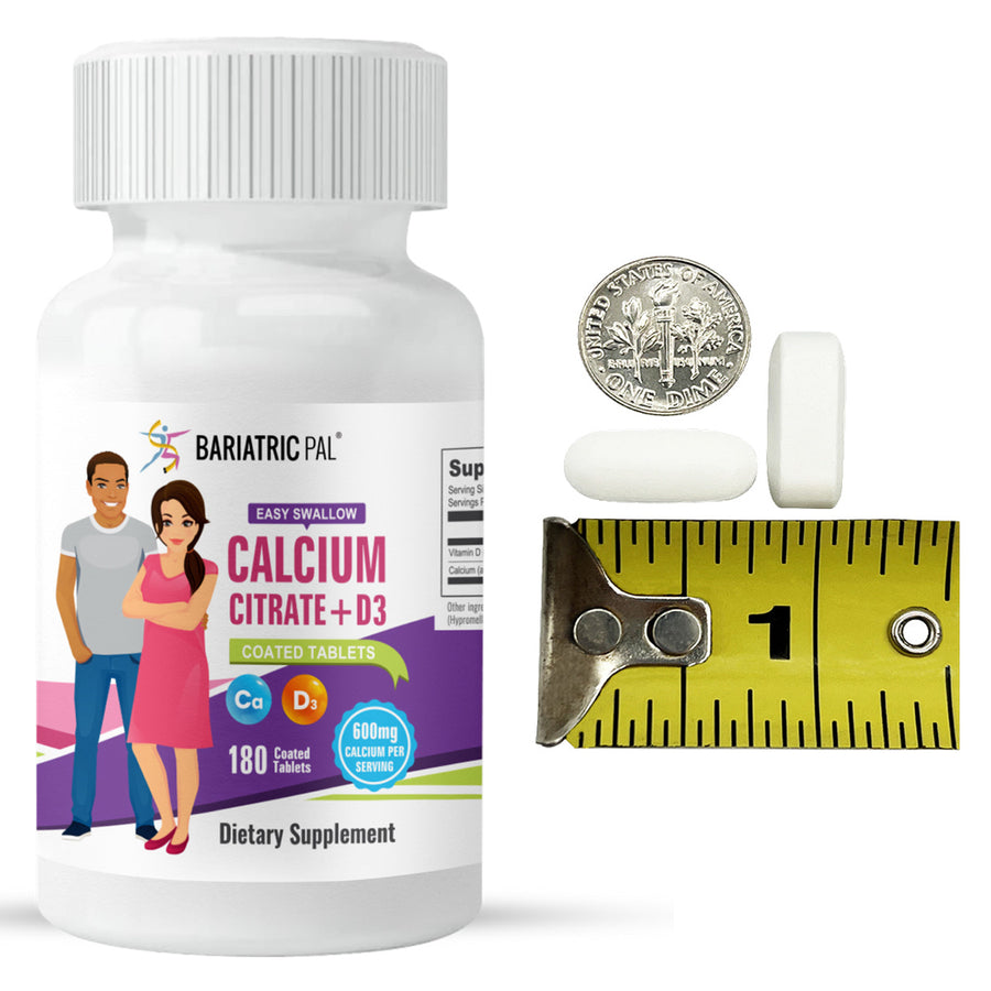 A bottle of Easy Swallow Calcium Citrate and Vitamin D3 tablets features two white tablets next to a dime and a measuring tape, highlighting the product's dietary supplement benefits.