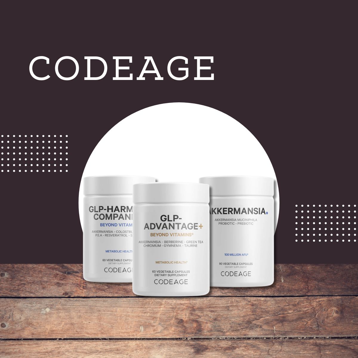 Three bottles of Codeage dietary supplements, labeled GLP-HARMONY COMPANY, GLP-ADVANTAGE+, and AKKERMANSIA, are displayed on a wooden surface against a dark background with geometric patterns.