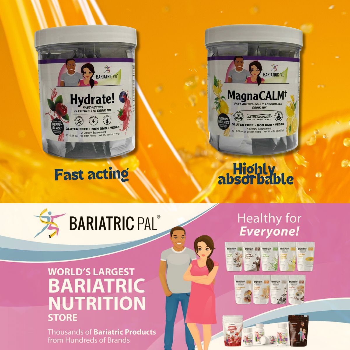 Two containers of drink mixes, labeled "Hydrate!" and "MagnaCALM," are displayed against a vibrant background, promoting hydration and calmness with a focus on bariatric nutrition.