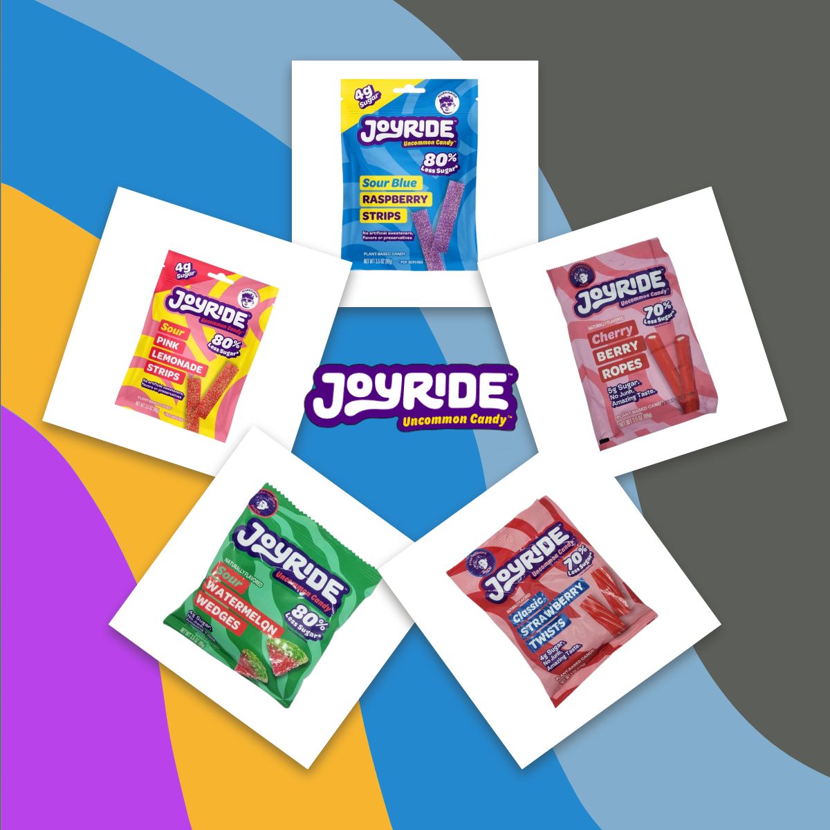 Five colorful candy packages from Joyride, featuring flavors like Sour Blue Raspberry and Cherry Berry, are arranged on a vibrant background with the Joyride logo prominently displayed.