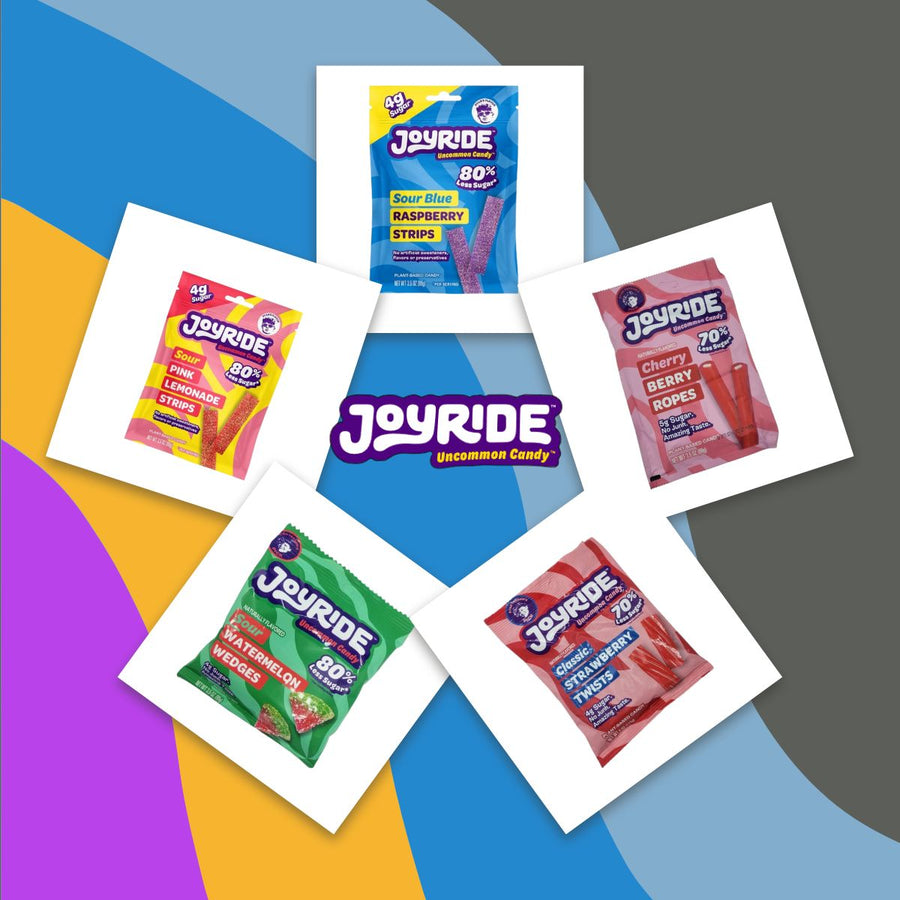 Five colorful candy packages from Joyride, featuring flavors like Sour Blue Raspberry and Cherry Berry, are arranged on a vibrant background with the Joyride logo prominently displayed.