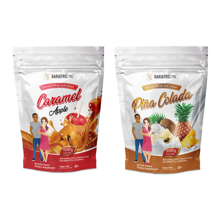 Two bags of calcium citrate soft chews labeled "Caramel Apple" and "Piña Colada" are displayed, featuring illustrations of a man and a woman enjoying the flavors, set against a white background.