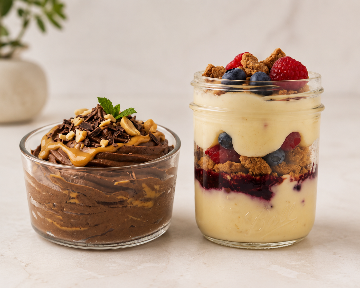 A glass dish holds rich chocolate mousse topped with chocolate shavings and nuts, while a jar features layers of vanilla cream, berries, and crumbled cookies, set against a light background.