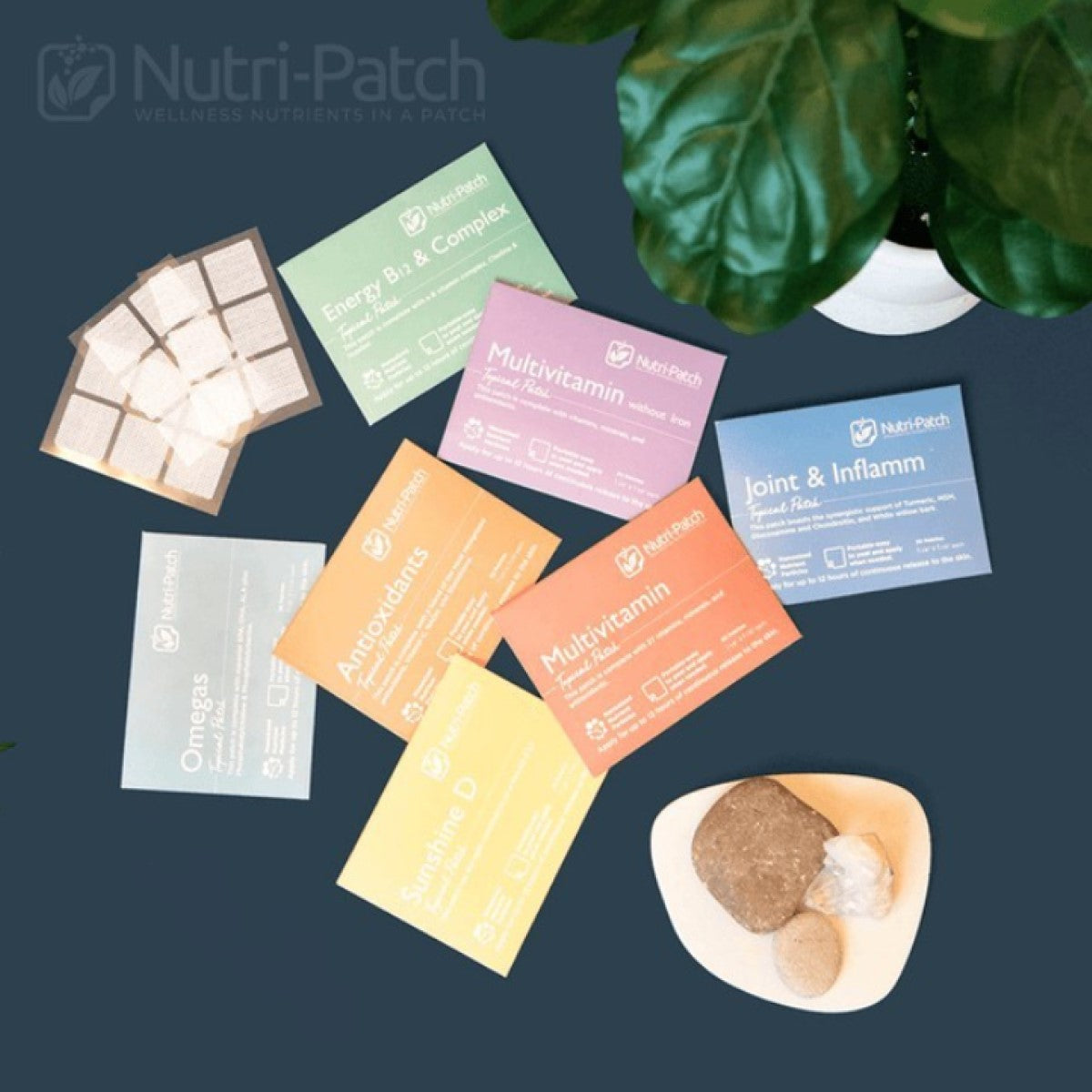 Colorful packets of NutriPatch wellness patches are arranged on a dark surface, alongside a small dish containing stones, with a green plant in the background.