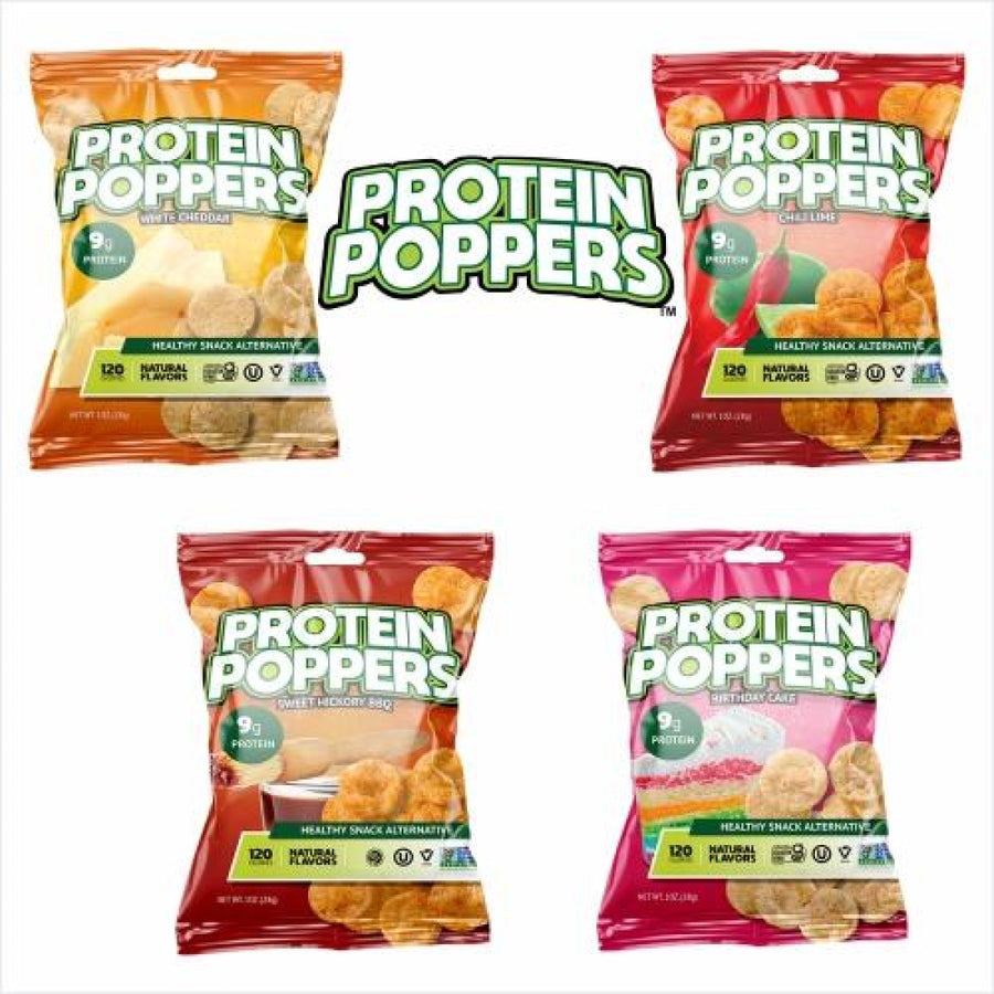 Four colorful bags of Protein Poppers snack chips are displayed, featuring flavors: White Cheddar, Chili Lime, Sweet Hickory BBQ, and Birthday Cake, each highlighting 9 grams of protein and labeled as healthy snack alternatives.