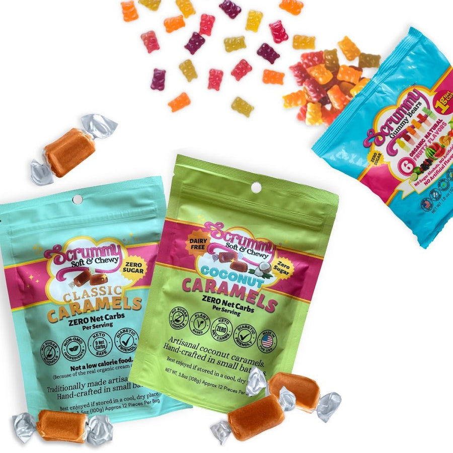 Colorful gummy candies scatter across a white background, alongside two packages of Scrummy Sweets Co. caramels labeled "Classic" and "Coconut," featuring bright, playful designs.