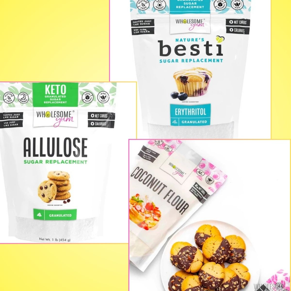 Three packages of sugar replacements and coconut flour from Wholesome Yum are displayed, with a plate of chocolate-dipped cookies in the foreground, highlighting healthy baking options.