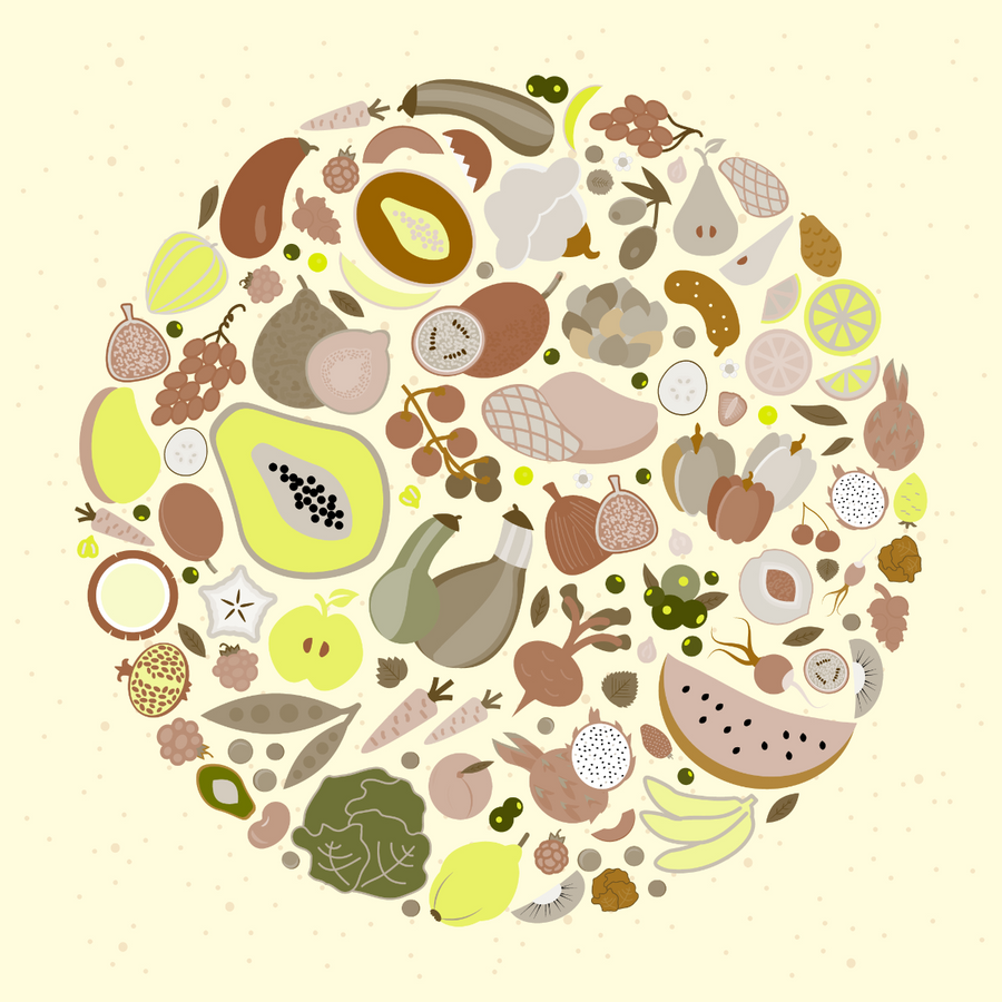 A colorful, circular arrangement of various fruits and vegetables, including papayas, carrots, and watermelons, set against a light beige background, emphasizing healthy food choices.