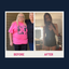 A woman stands smiling in a pink shirt with another person on the left, while on the right, she poses confidently in a black outfit, showcasing her transformation after losing 145 pounds.