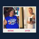On the left, a person with short hair sits relaxed in a blue shirt while getting their hair styled; on the right, the same person stands confidently in a tank top, showing a significant weight loss transformation.