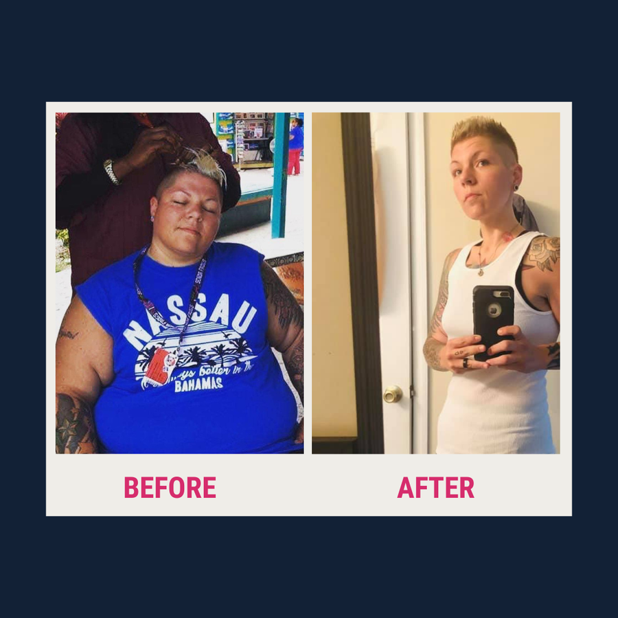 On the left, a person with short hair sits relaxed in a blue shirt while getting their hair styled; on the right, the same person stands confidently in a tank top, showing a significant weight loss transformation.