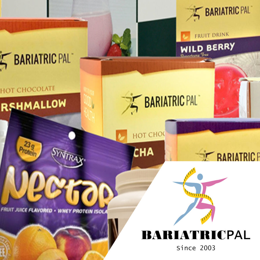 BariatricPal products are displayed, including various flavored protein drinks and hot chocolate mixes, alongside the brand logo, emphasizing health and wellness for weight management.