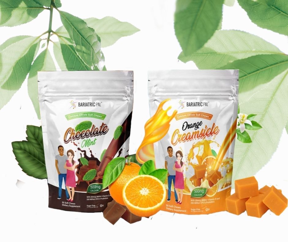 Two packages of Calcium Citrate Chews, one in Chocolate Mint and the other in Orange Creamsicle, are displayed with illustrations of fruits and people, set against a leafy background.