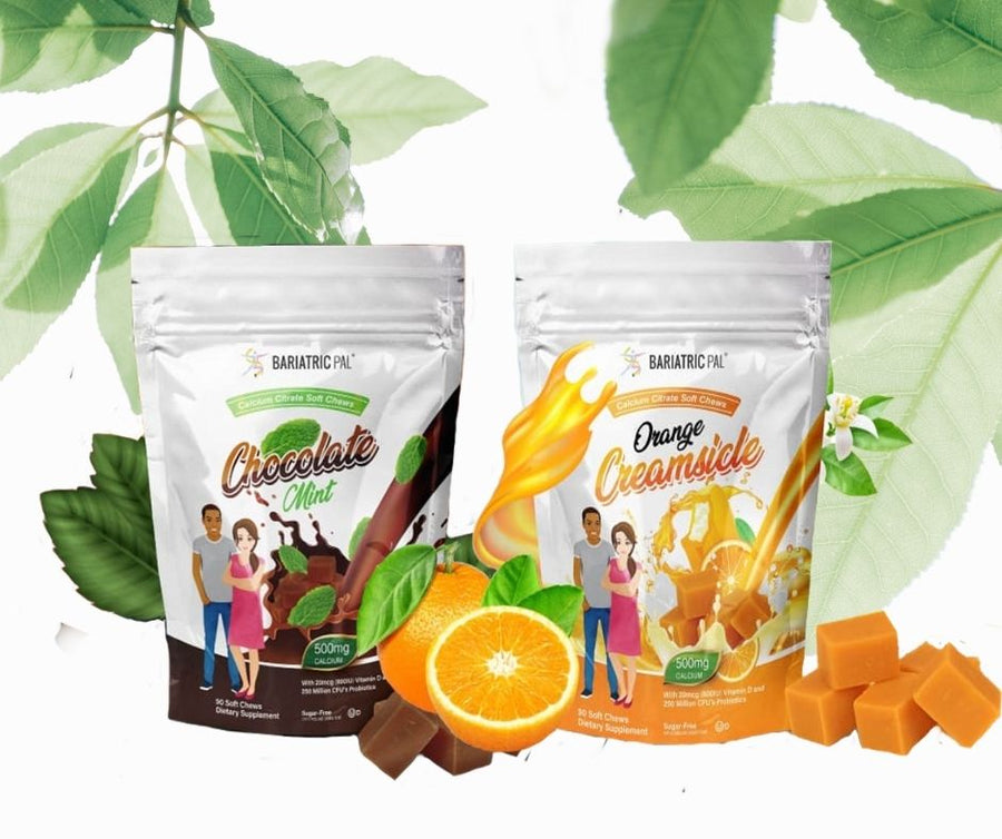 Two packages of Calcium Citrate Chews, one in Chocolate Mint and the other in Orange Creamsicle, are displayed with illustrations of fruits and people, set against a leafy background.