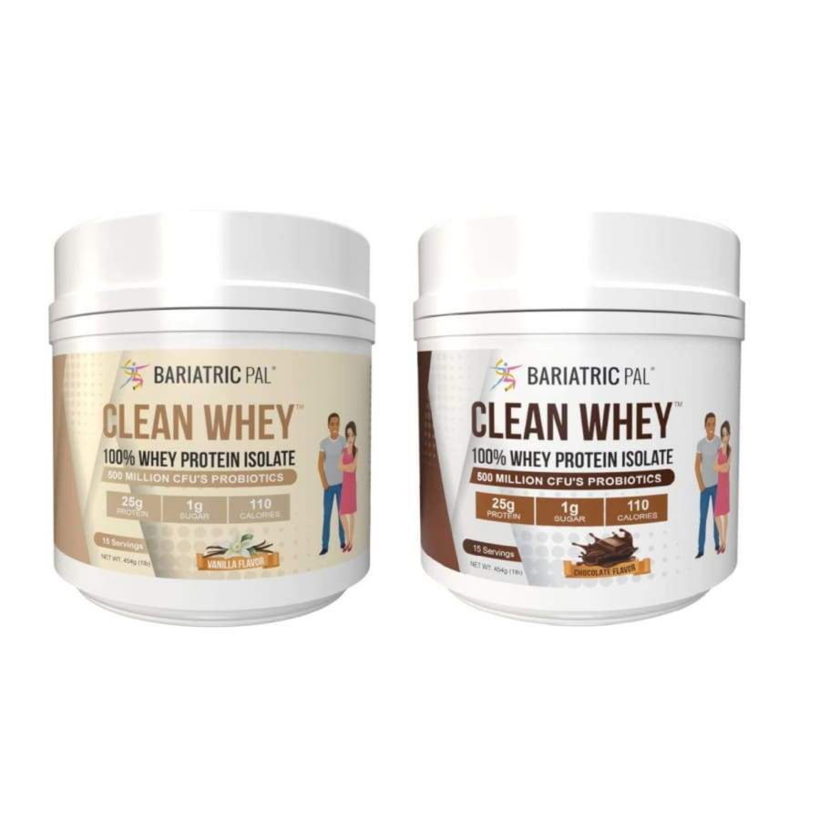 Two tubs of Bariatric Pal Clean Whey protein isolate are displayed side by side, one labeled vanilla flavor and the other chocolate flavor, each highlighting their protein content and probiotics.