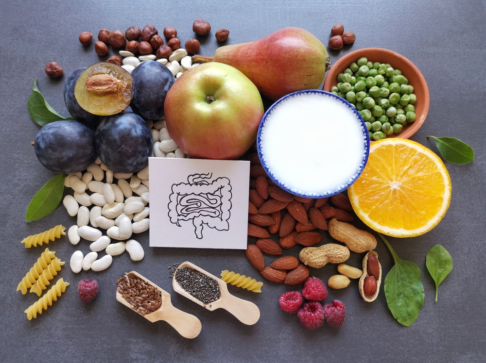 A variety of fiber-rich foods, including fruits, nuts, seeds, and beans, are arranged on a dark surface alongside a drawing of the digestive system, emphasizing their role in digestive health.