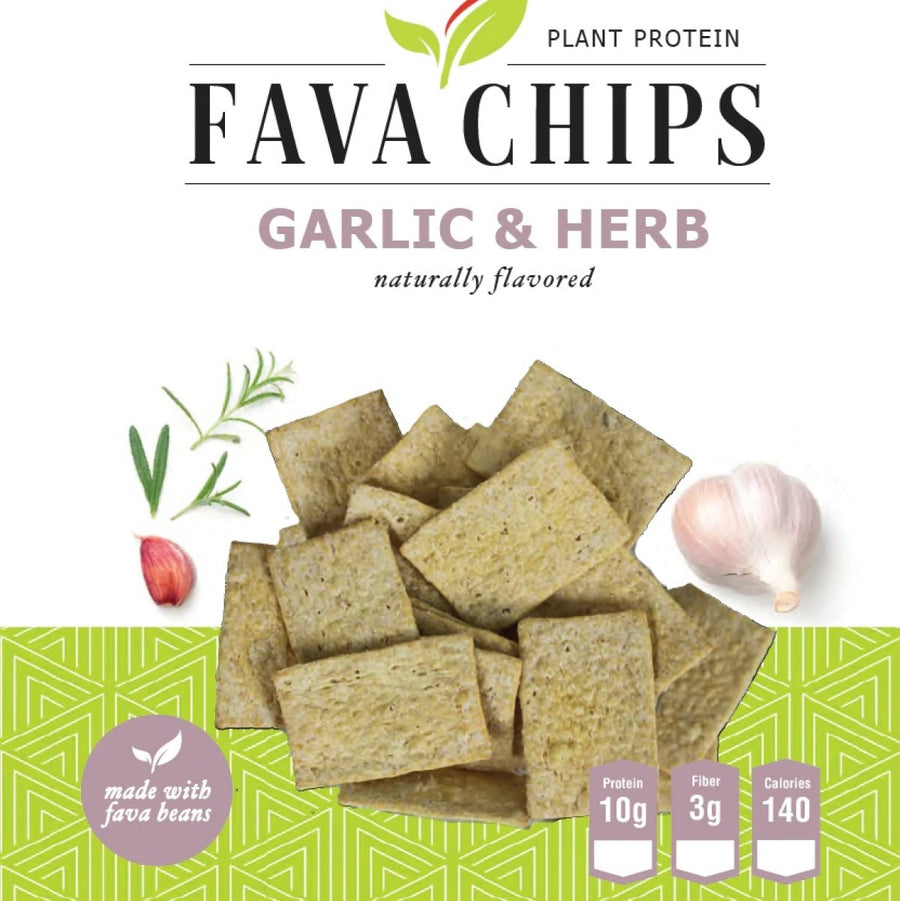 Fava bean chips are displayed on a green patterned background, featuring a garlic bulb and herbs, with text highlighting their flavor, protein content, and nutritional benefits.