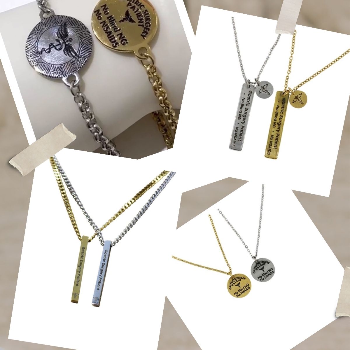 Four stylish necklaces in silver and gold feature medical alert messages about surgery, displayed on a neutral background with a soft focus, emphasizing both safety and fashion.
