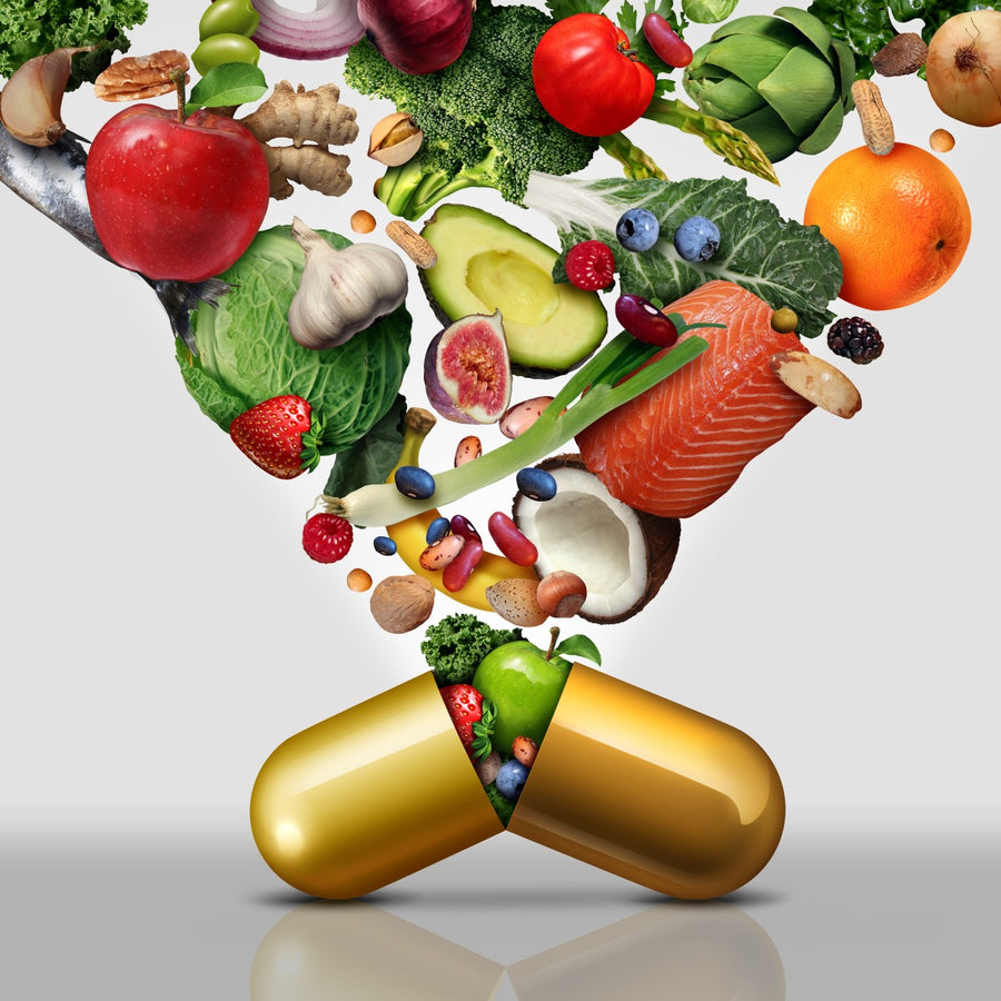 A large golden capsule spills out various fruits, vegetables, and nuts, symbolizing the importance of nutrition and vitamins after weight loss surgery.