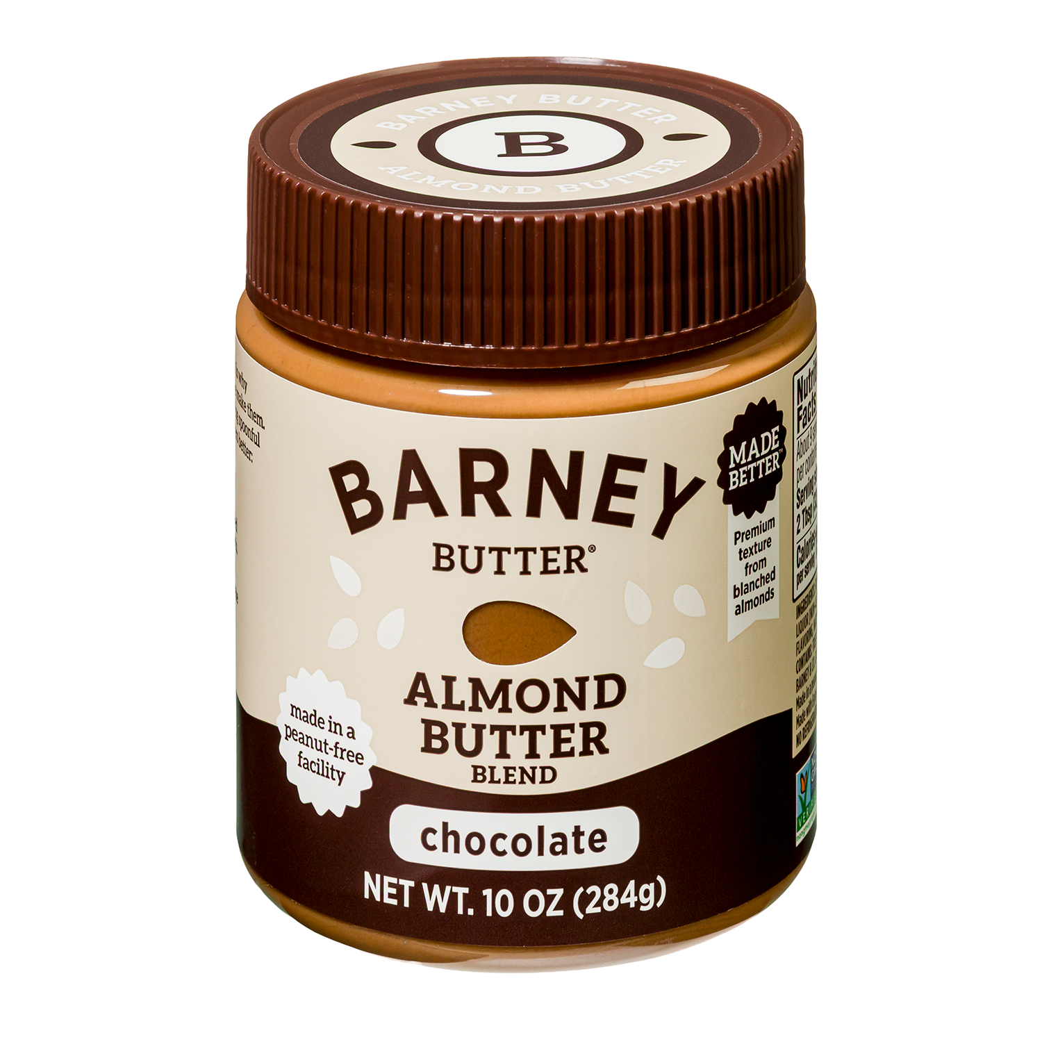 A jar of Barney Butter chocolate almond butter blend, featuring a brown lid and a label that highlights its peanut-free production, stands prominently against a white background.