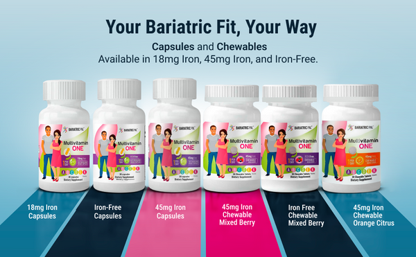 Six bottles of Bariatric Pal multivitamins in various formulations (18mg Iron, 45mg Iron, Iron-Free, and chewables) are displayed against a gradient blue background, highlighting options for dietary supplements.
