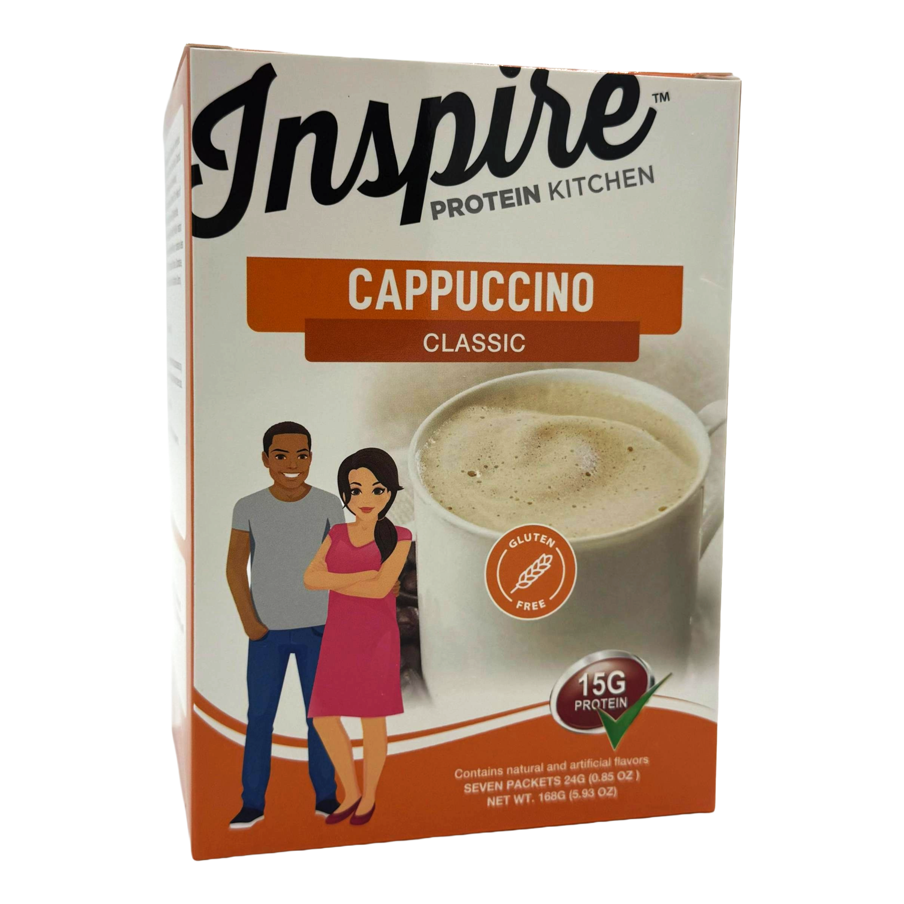 A box of Inspire Protein Kitchen Classic Cappuccino featuring a cup of cappuccino and illustrations of a man and a woman smiling, highlighting that the product is gluten-free and contains 15g of protein.