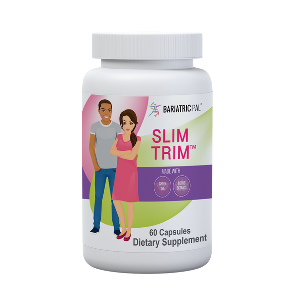 A white bottle labeled "Slim Trim" contains 60 capsules, featuring illustrations of a smiling man and woman standing together, promoting a dietary supplement made with green tea and lotus extract.