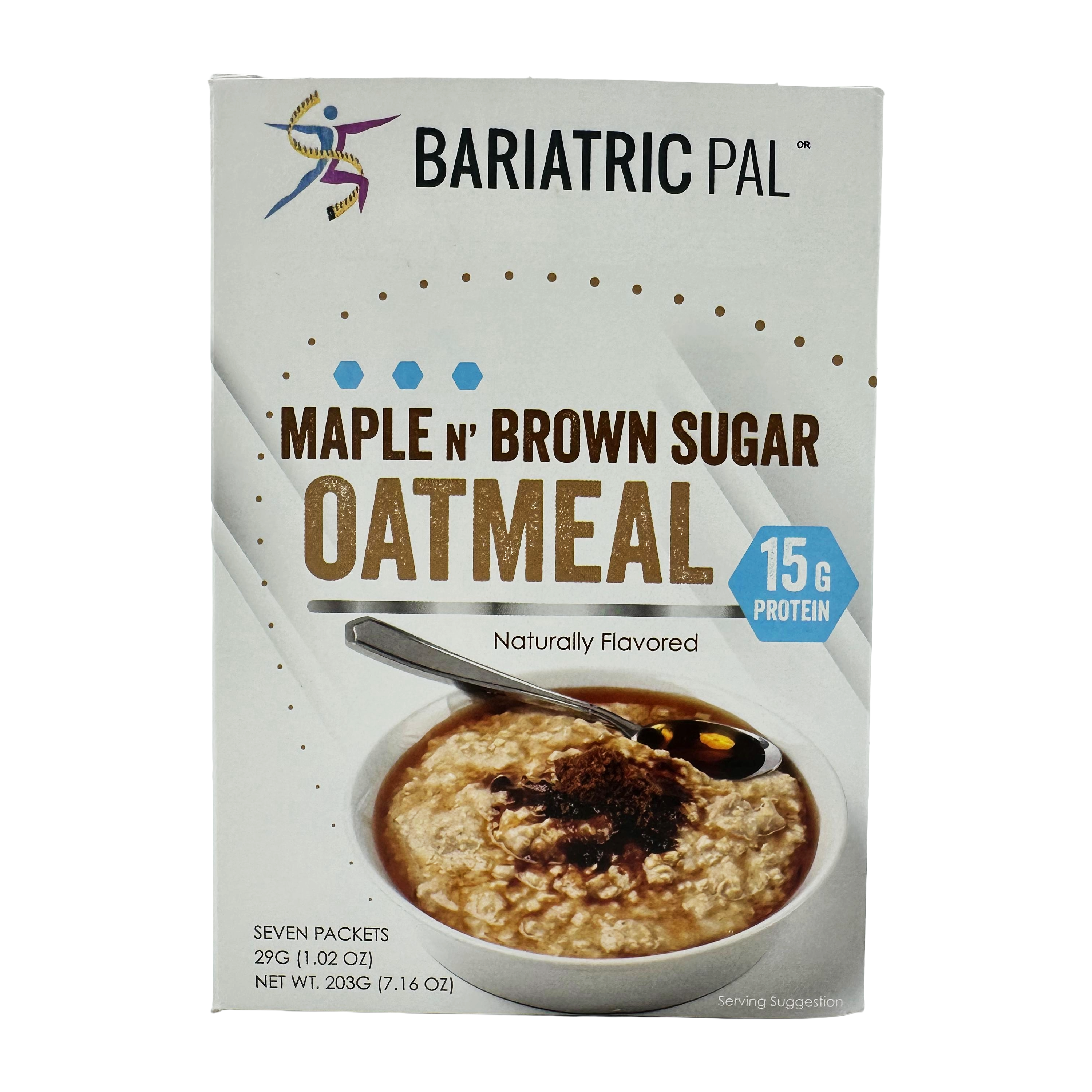 A box of Bariatric Pal Maple n' Brown Sugar Oatmeal features a bowl of oatmeal topped with syrup and brown sugar, highlighting its protein content and natural flavor, with seven individual packets included.