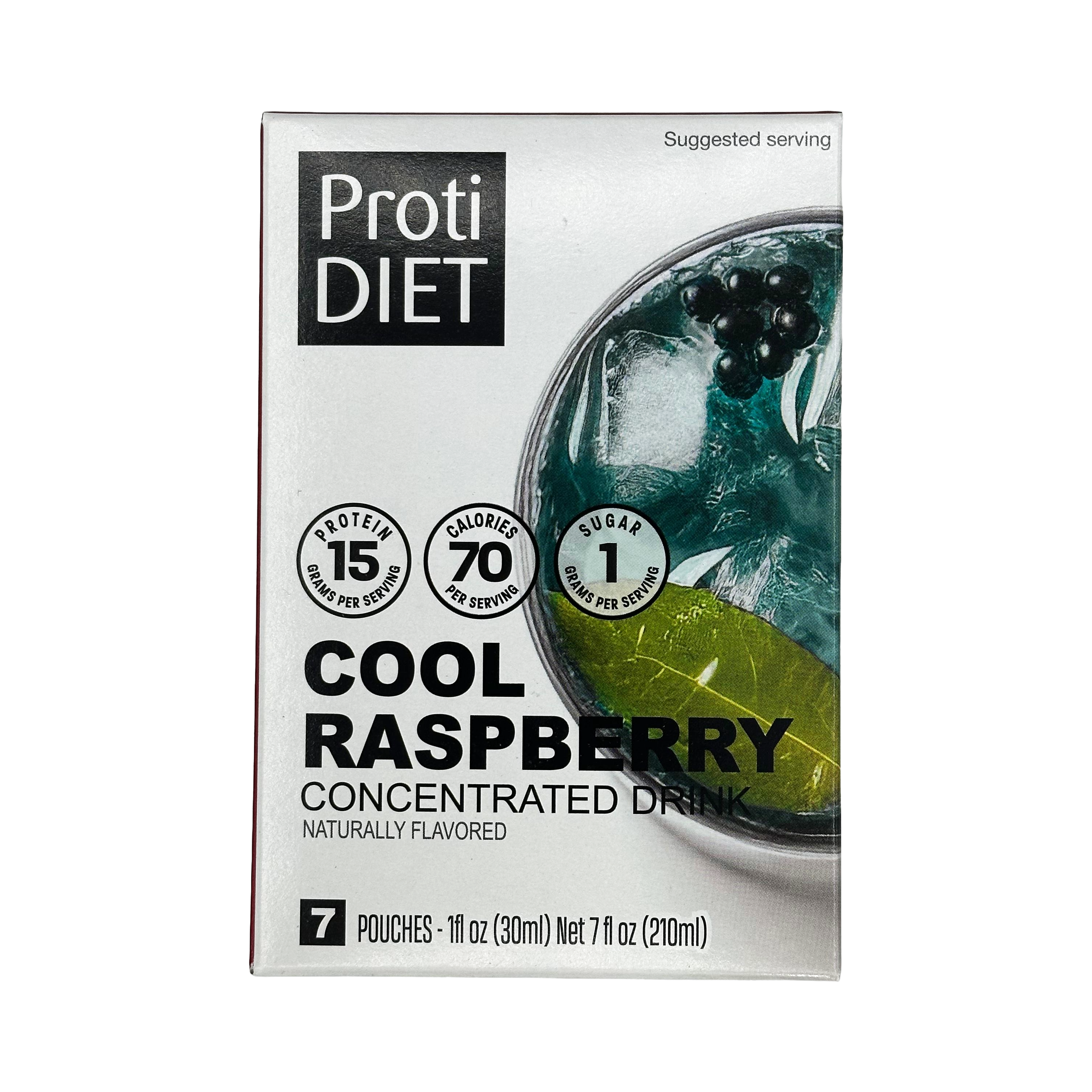 A box of ProtiDIET Cool Raspberry concentrated drink mix displays nutritional information, including 15 grams of protein, 70 calories, and 1 gram of sugar, with seven 11-ounce pouches inside.