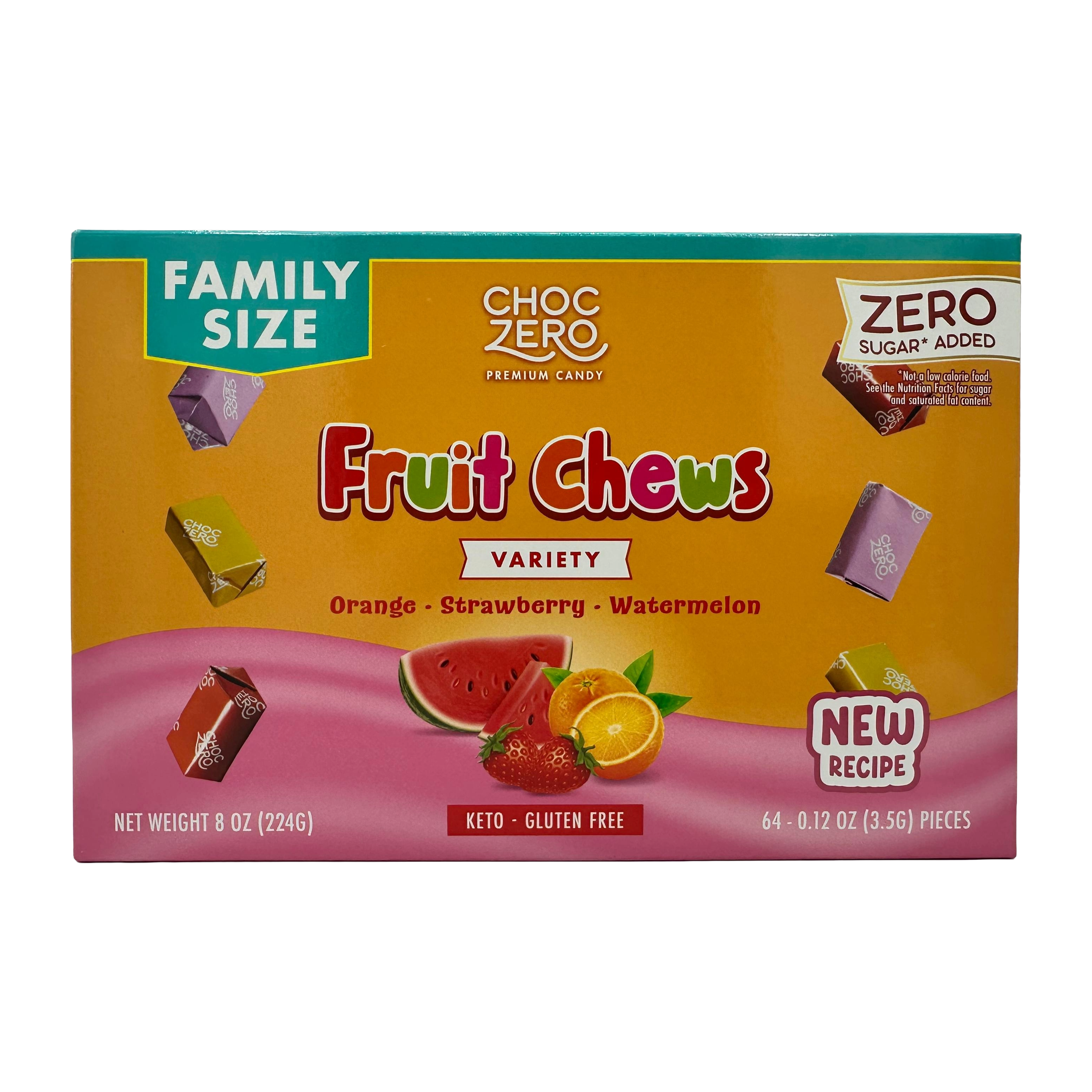 A colorful family-sized box of Choc Zero Fruit Chews features a variety of flavors including orange, strawberry, and watermelon, with labels indicating it's keto-friendly and gluten-free.
