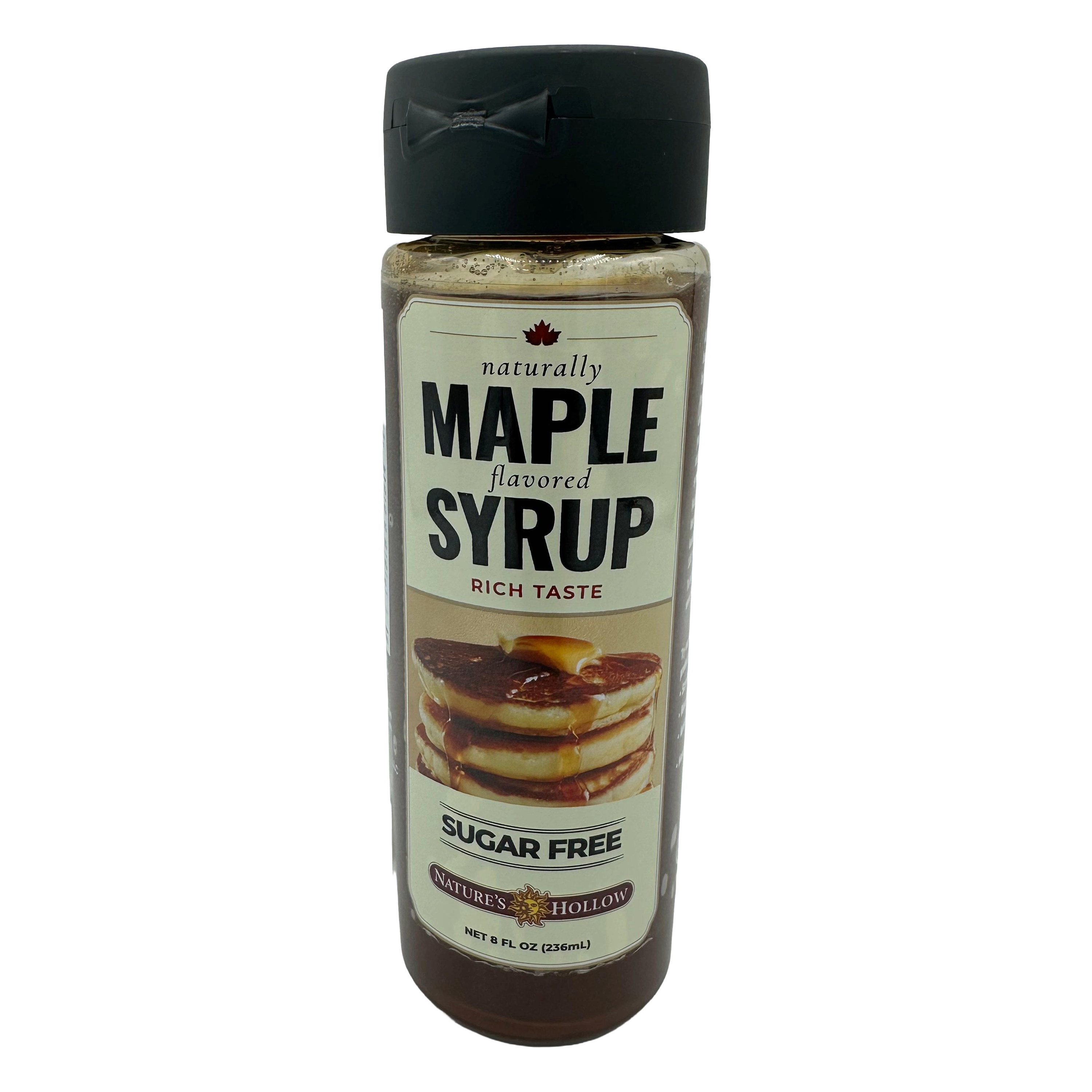 A clear bottle of sugar-free maple syrup features a label with the text "naturally MAPLE flavored" and an image of pancakes topped with syrup, highlighting its rich taste and brand, Nature's Hollow.