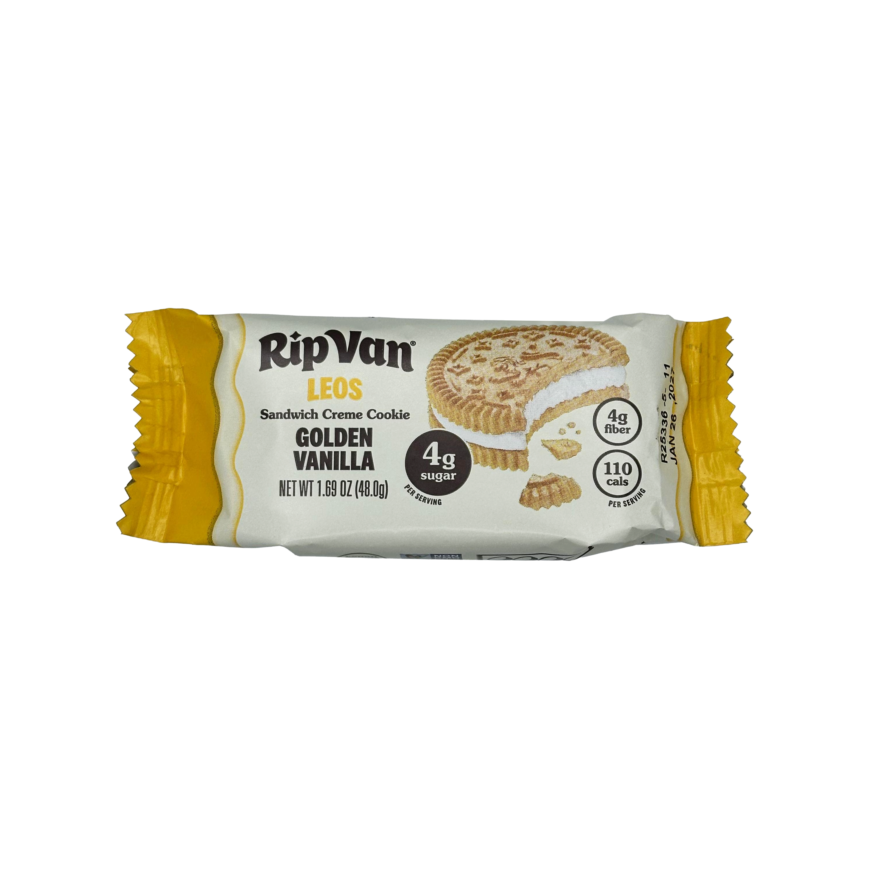 A package of RipVan Leos sandwich crème cookies in golden vanilla flavor, featuring a cookie with a bite taken out, displays nutritional information including 4g sugar and 110 calories per serving.