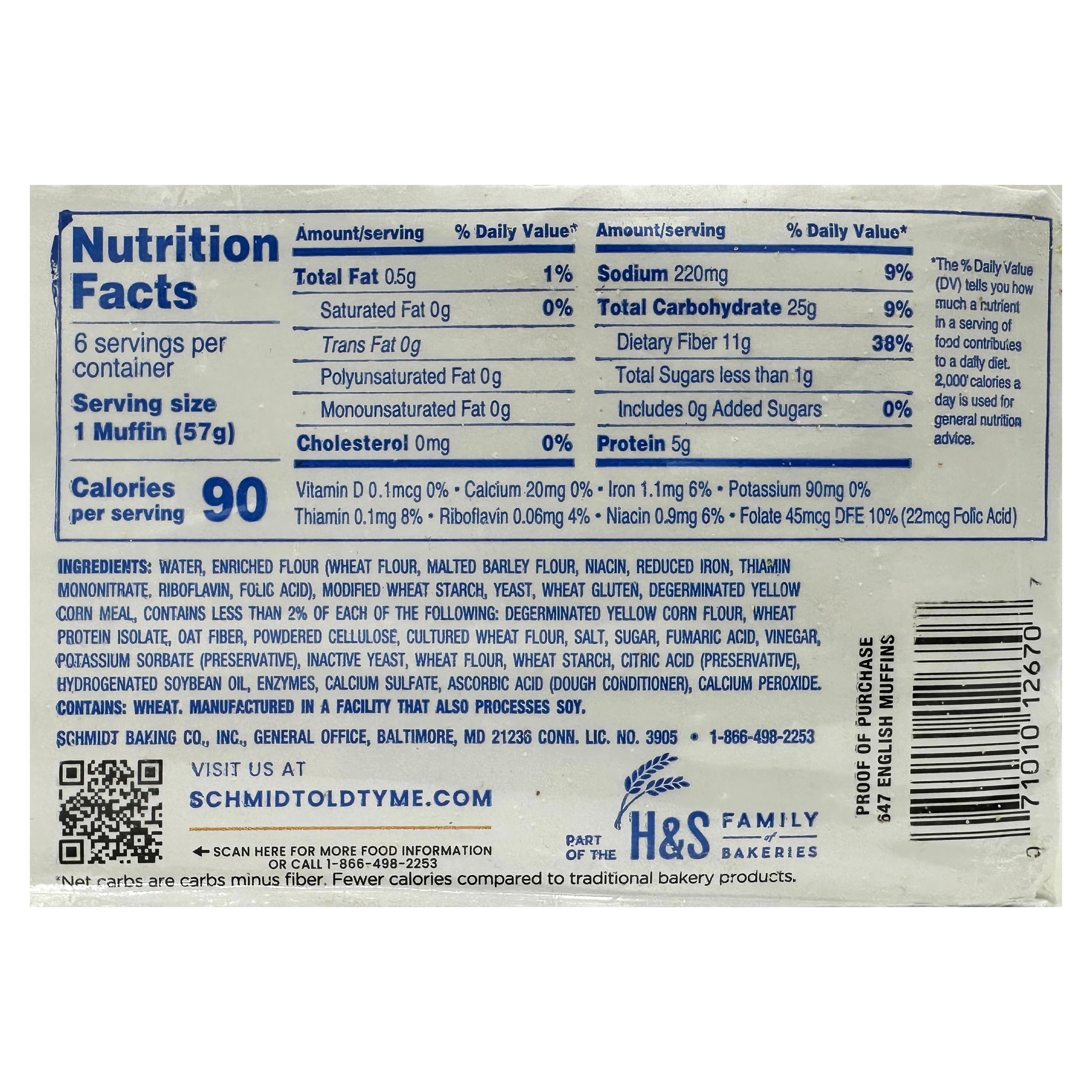 Nutrition facts label for English muffins, detailing serving size, calories, and nutrient content, including ingredients and a QR code for more information.