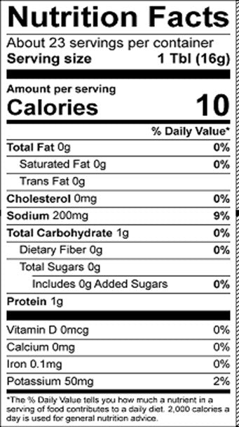 A nutrition facts label displays information about a product, including serving size, calories, and nutrient content such as fats, sodium, carbohydrates, and protein per serving.