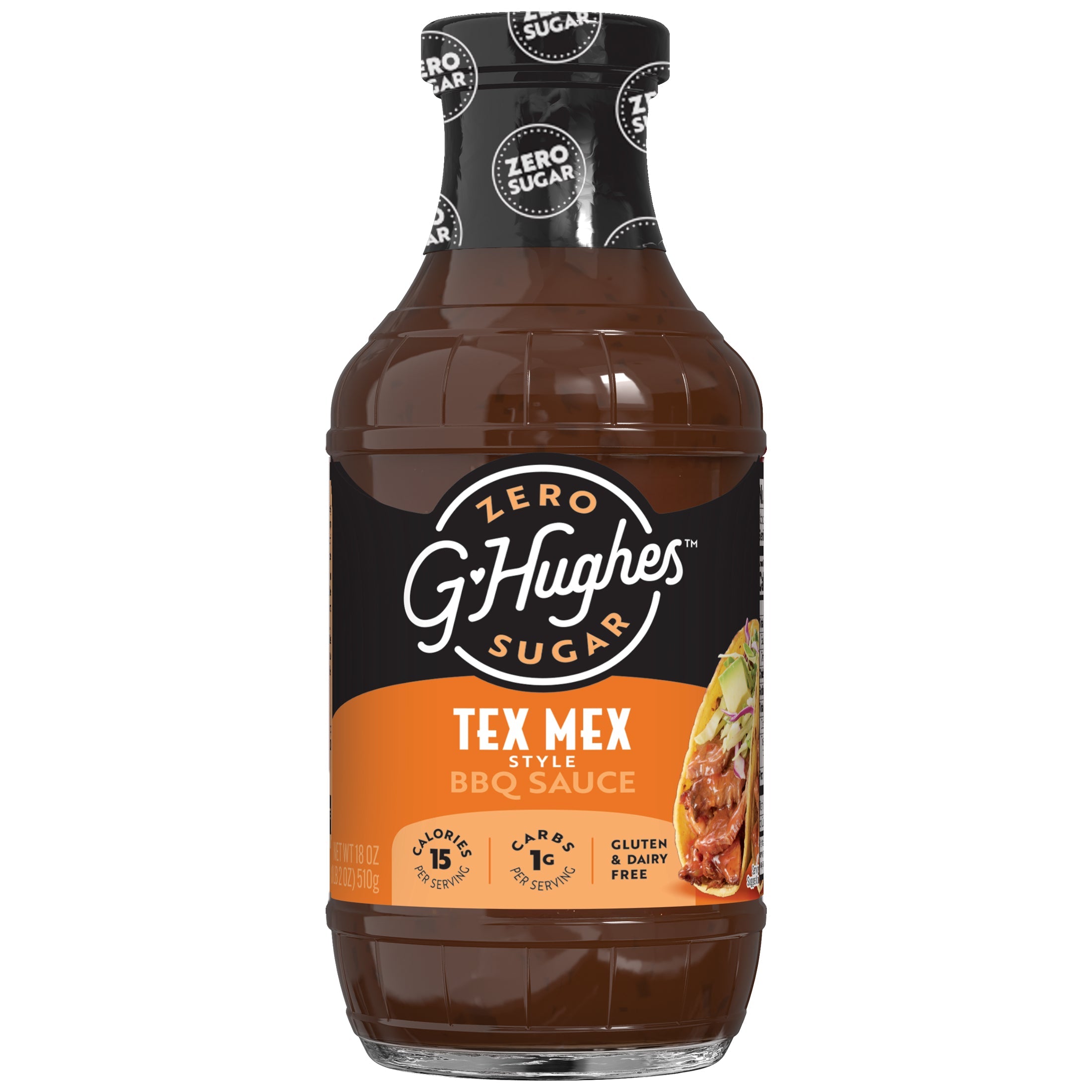 A clear bottle of G. Hughes Zero Sugar Tex Mex Style BBQ Sauce features an orange label with nutritional information, emphasizing it is gluten and dairy free, with 75 calories and 1 gram of carbs per serving.