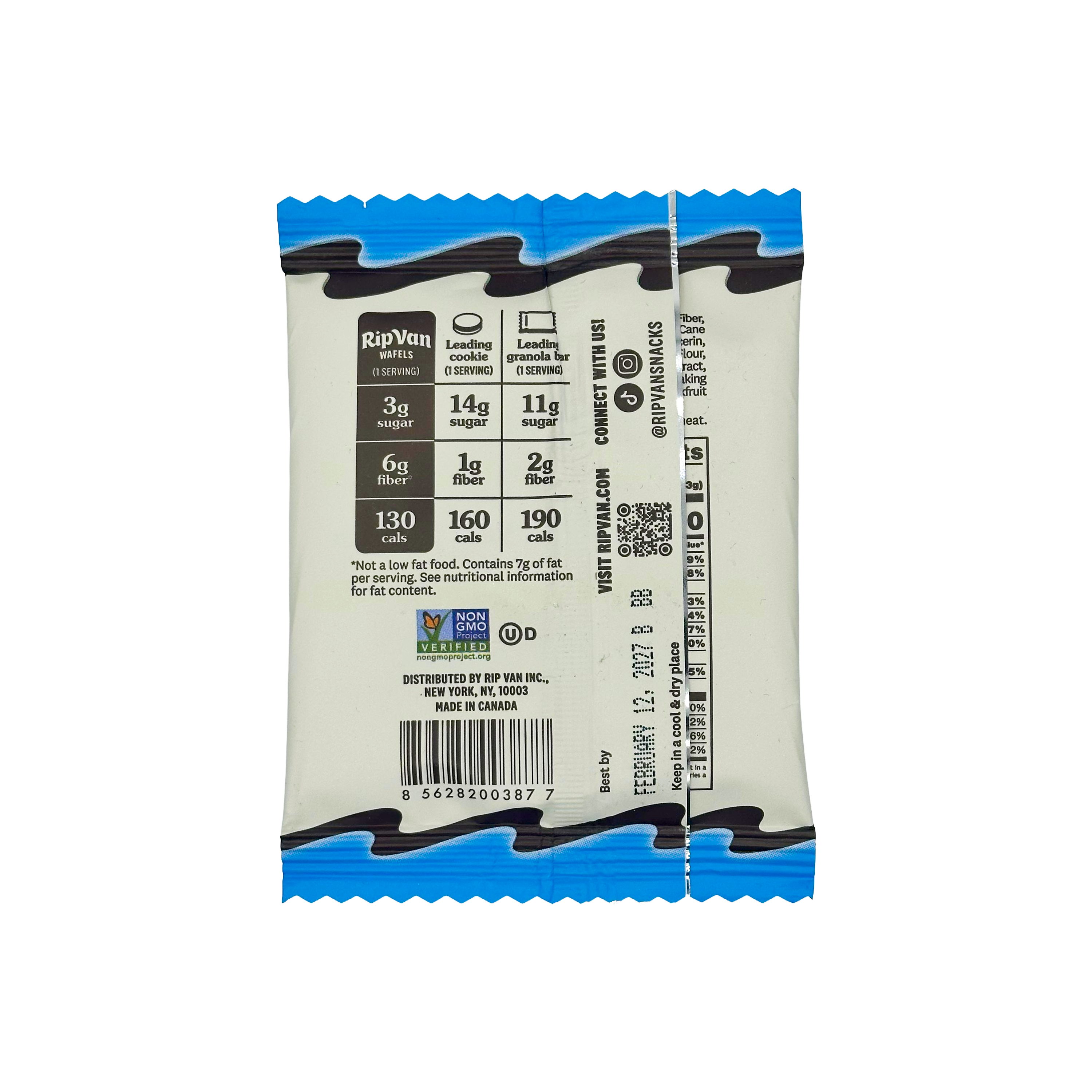 A colorful packaging of RipVan waffles displays nutritional information, including sugar, fiber, and calorie content, along with a non-GMO label and a QR code for more details.