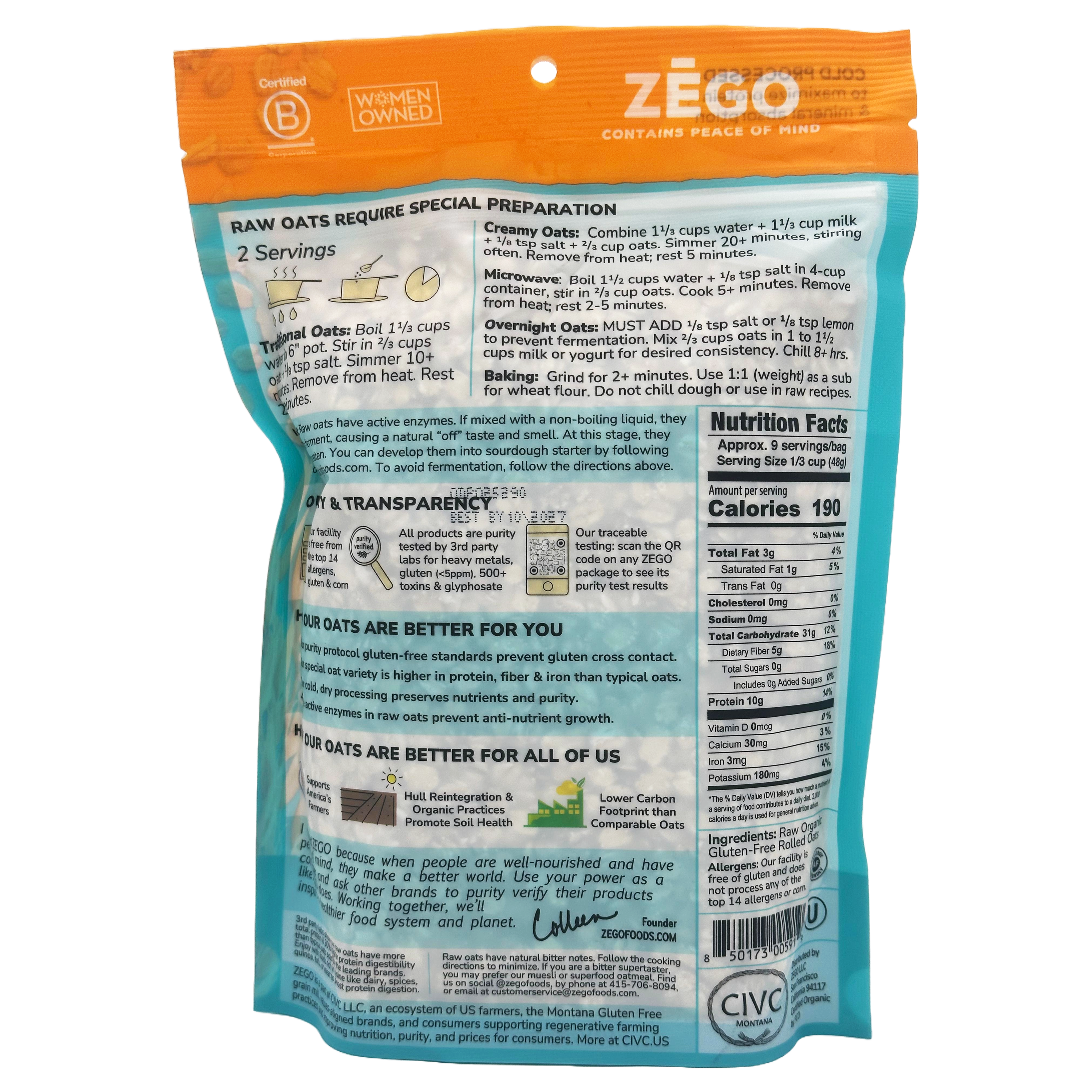 Zego Organic Double Protein Oats 14 oz. Bag