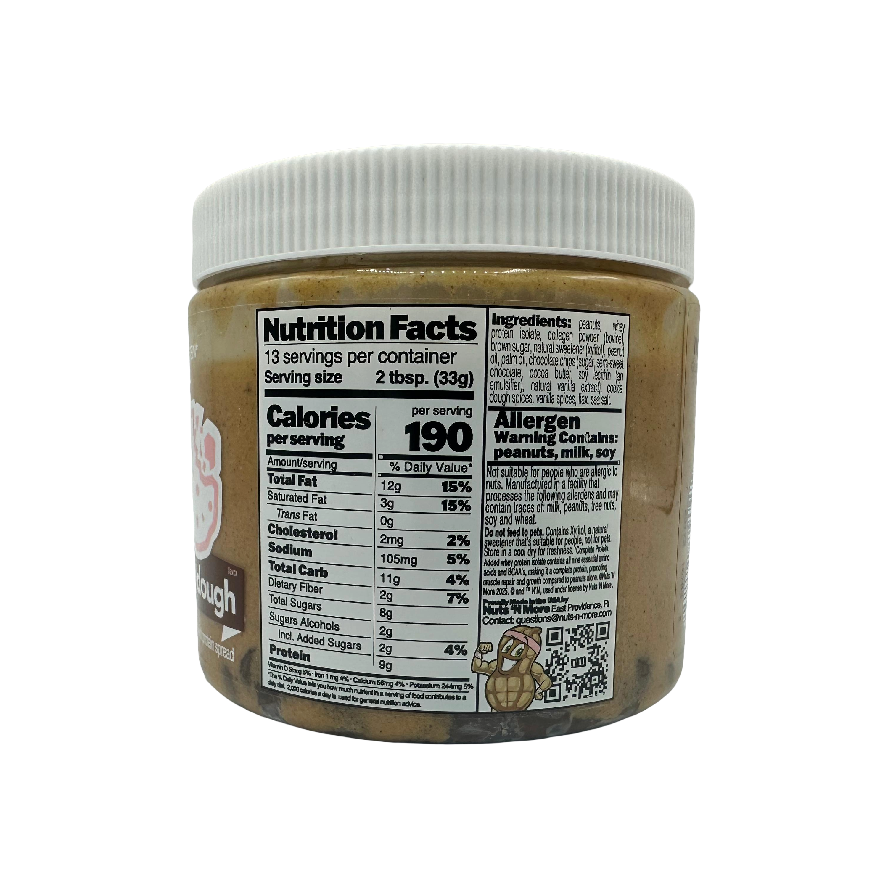 A clear jar of edible cookie dough spread displays nutrition facts and ingredients, highlighting allergen warnings for peanuts, milk, and soy, with a serving size of two tablespoons.