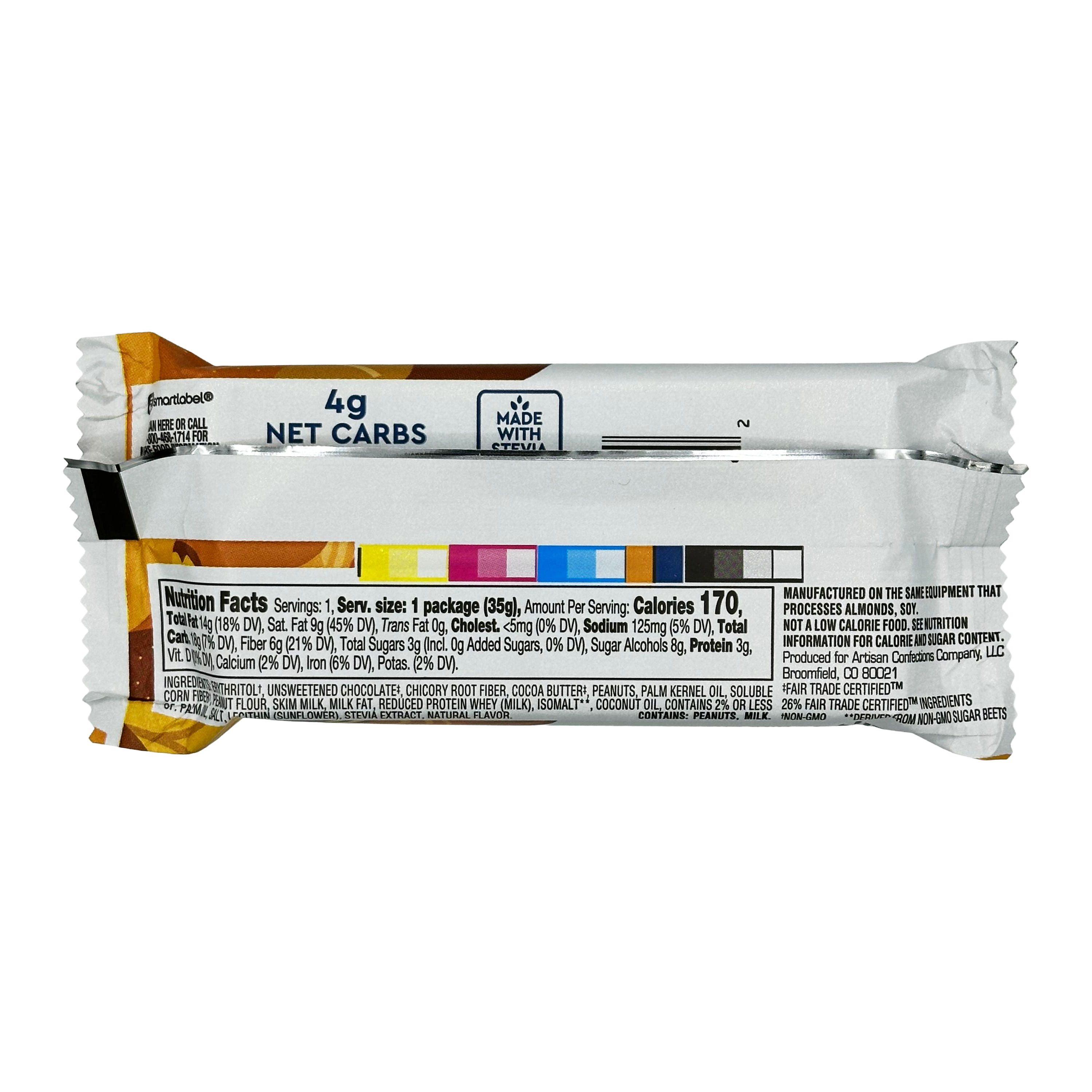 A nutrition bar wrapper displays the nutritional information, including calories and ingredients, with a focus on low net carbs, set against a black background.