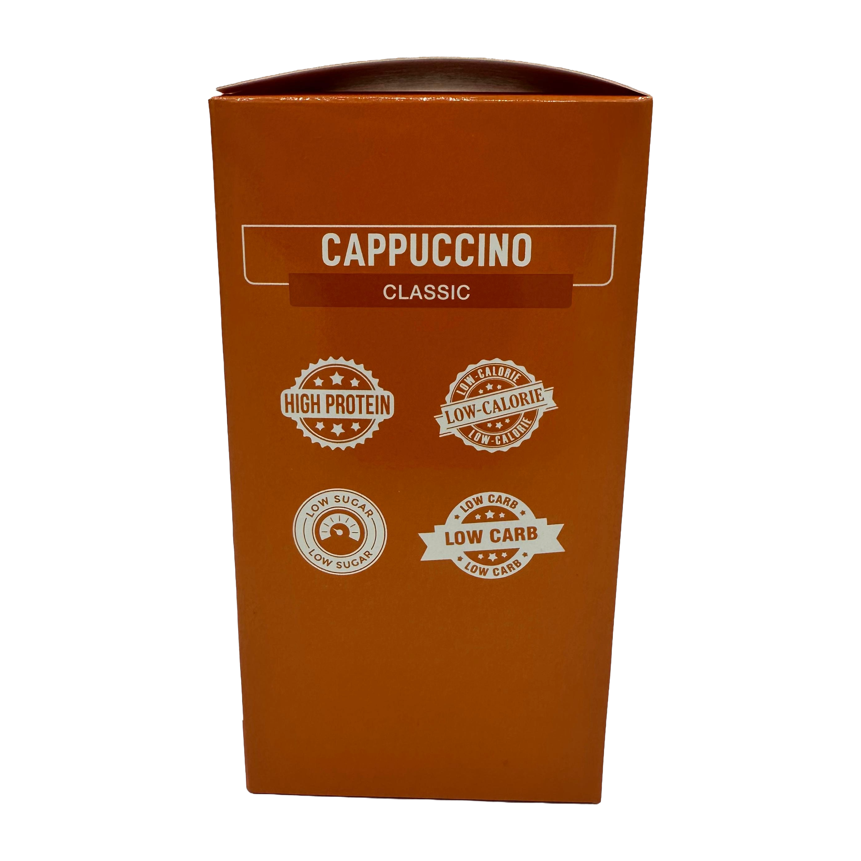 A tall, orange box labeled "Cappuccino Classic" features four product badges indicating it is high in protein, low in calories, low in sugar, and low in carbs.