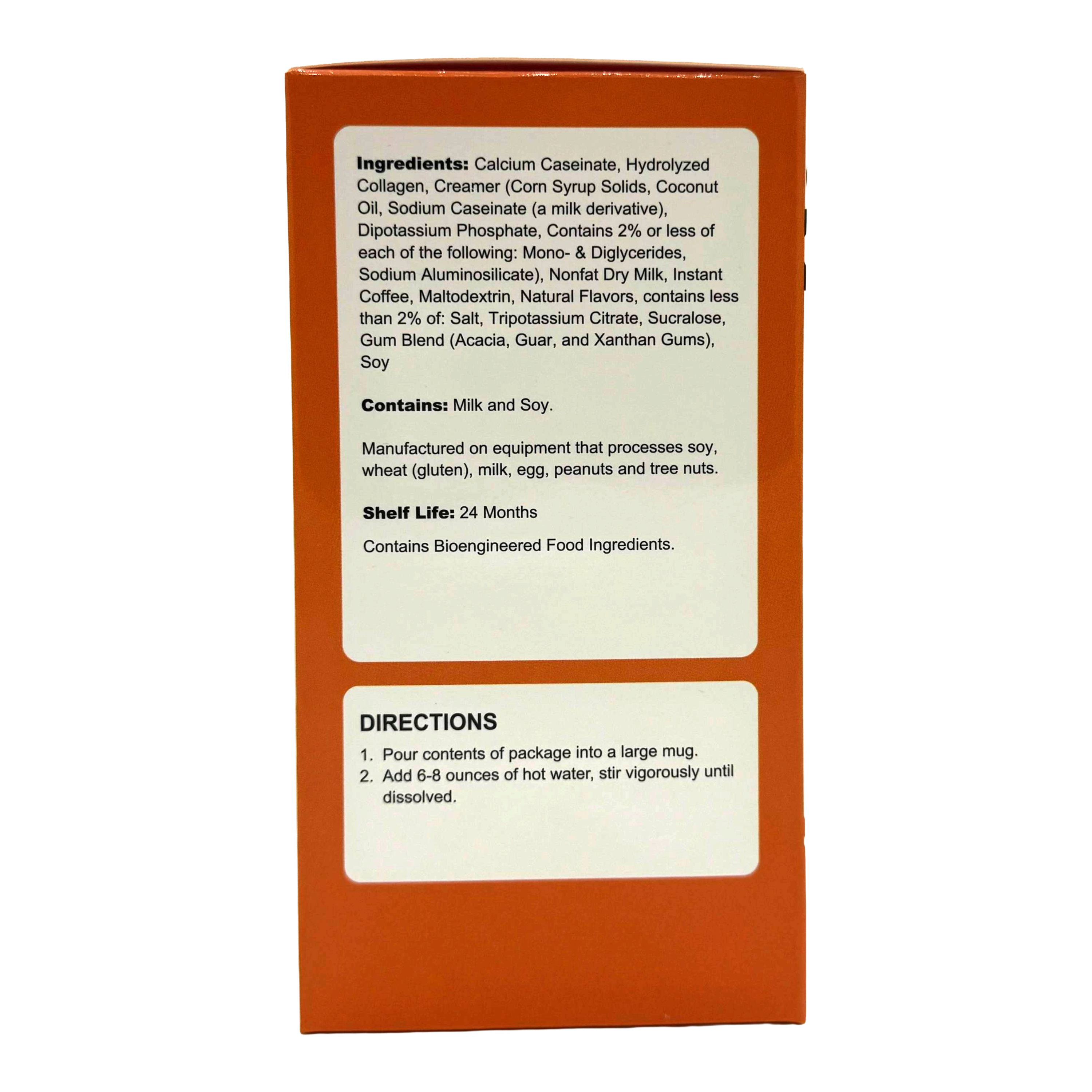 A product box with an orange background displays ingredient information, allergy warnings, shelf life, and preparation directions for a food item, emphasizing its contents of milk and soy.