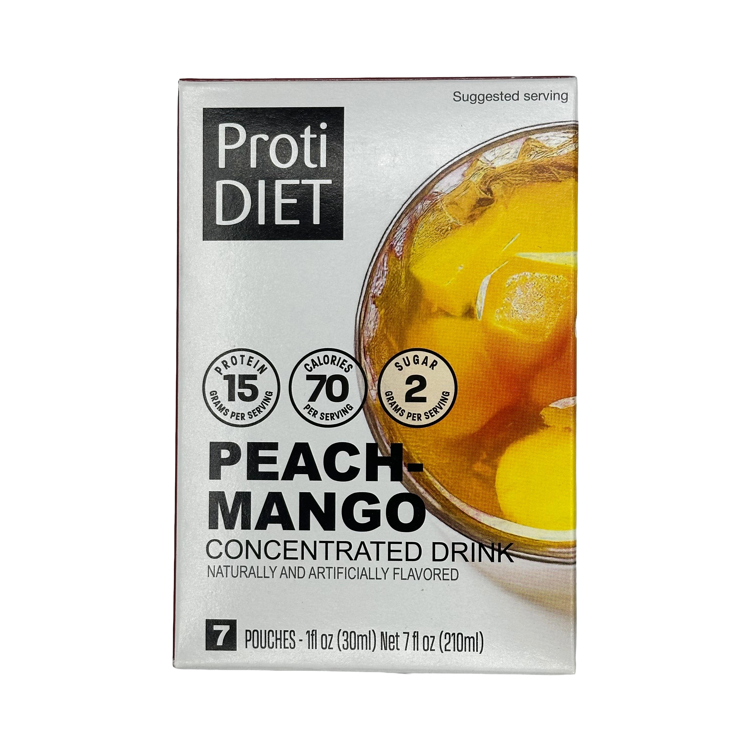 A box of Proti DIET Peach Mango concentrated drink pouches displays nutritional information, including 15 grams of protein, 70 calories, and 2 grams of sugar per serving, with a suggested serving note.