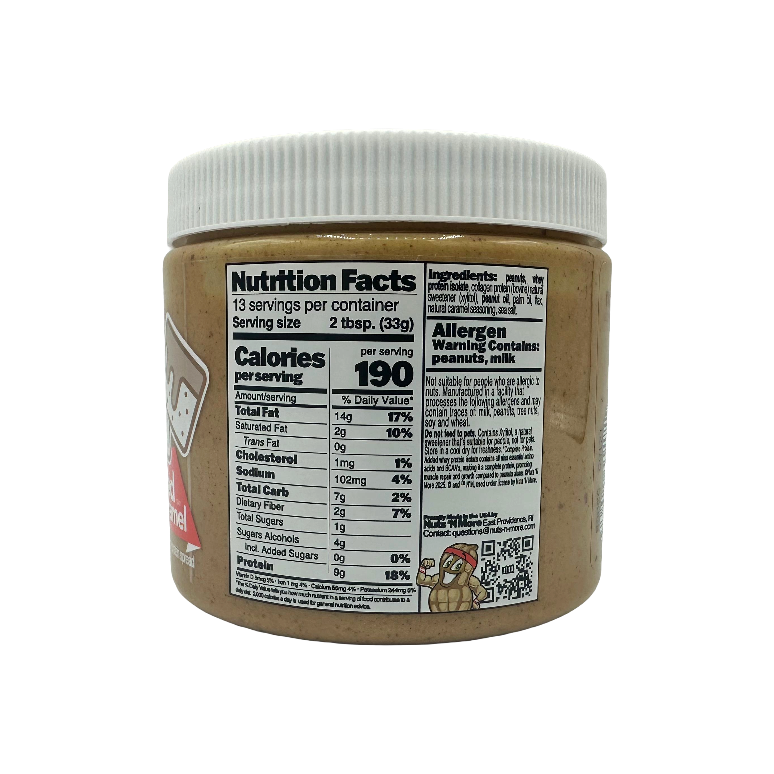 A jar of peanut butter with a white lid displays the nutrition facts and ingredients on its label, highlighting calories, serving size, and allergen warnings.