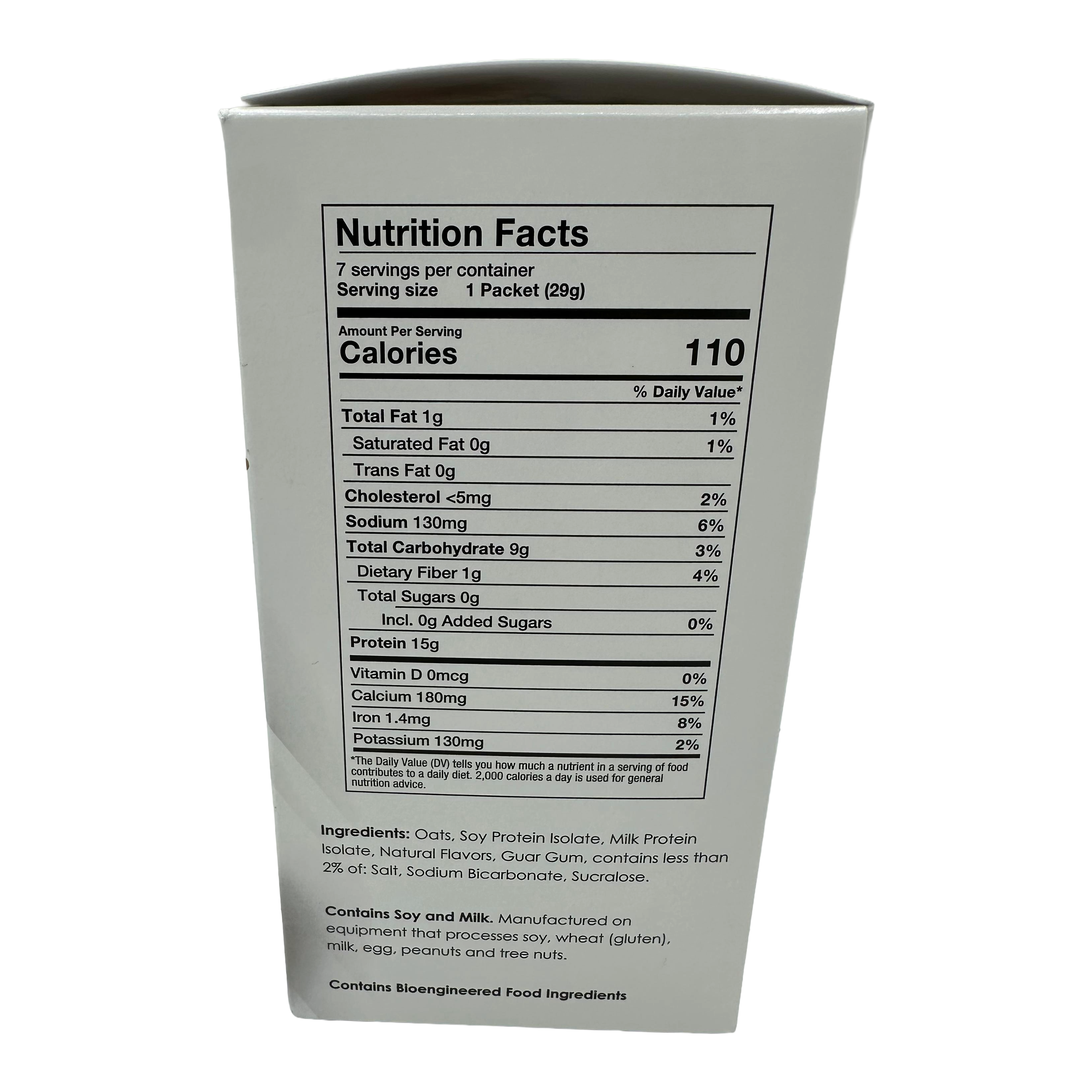 A nutrition facts label on a product box displays serving size, calories, and nutritional information, including fats, carbohydrates, protein, and ingredients like oats and soy.