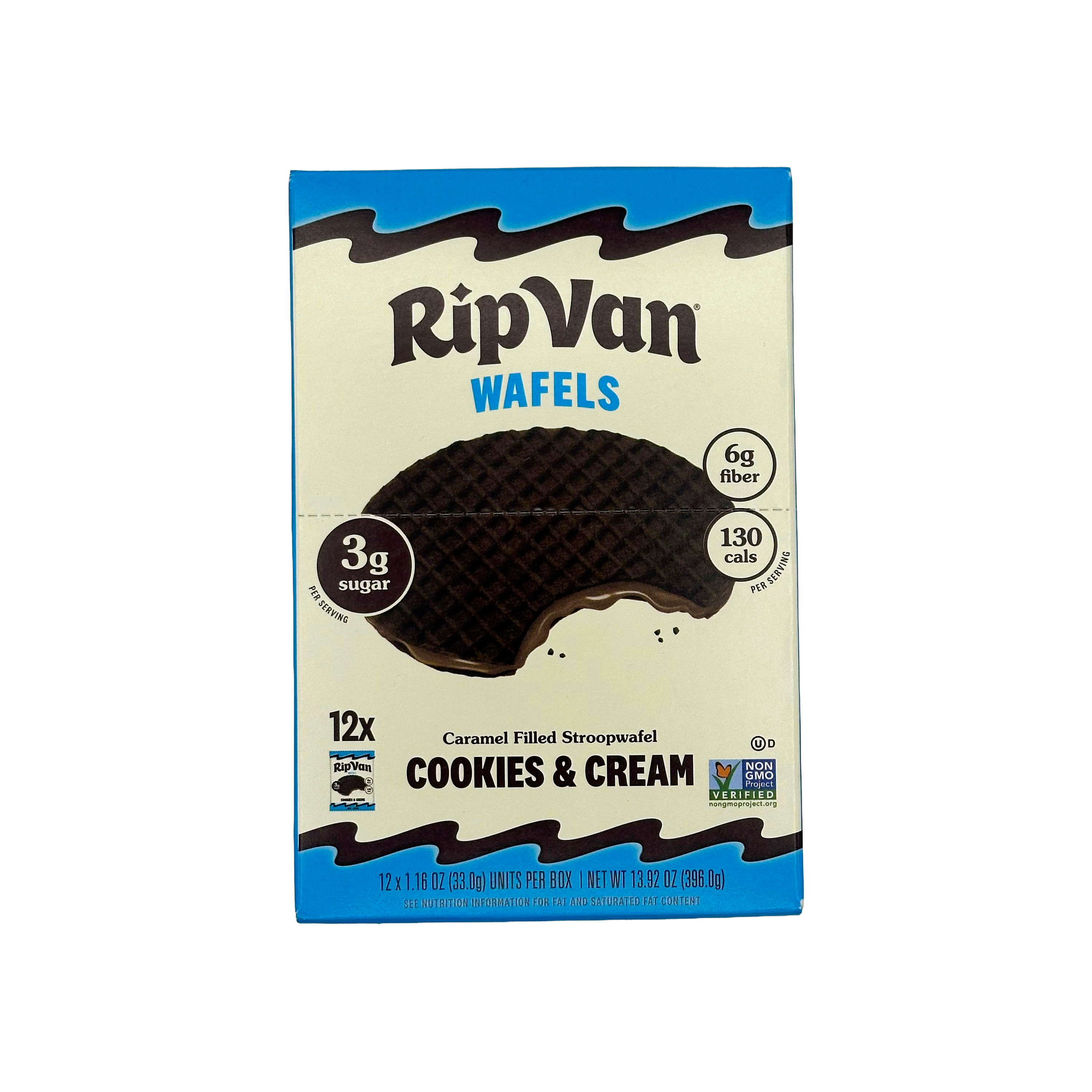 A box of RipVan Wafels cookies and cream flavored stroopwafels features a partially bitten waffle, highlighting nutritional information like 3g sugar and 6g fiber.