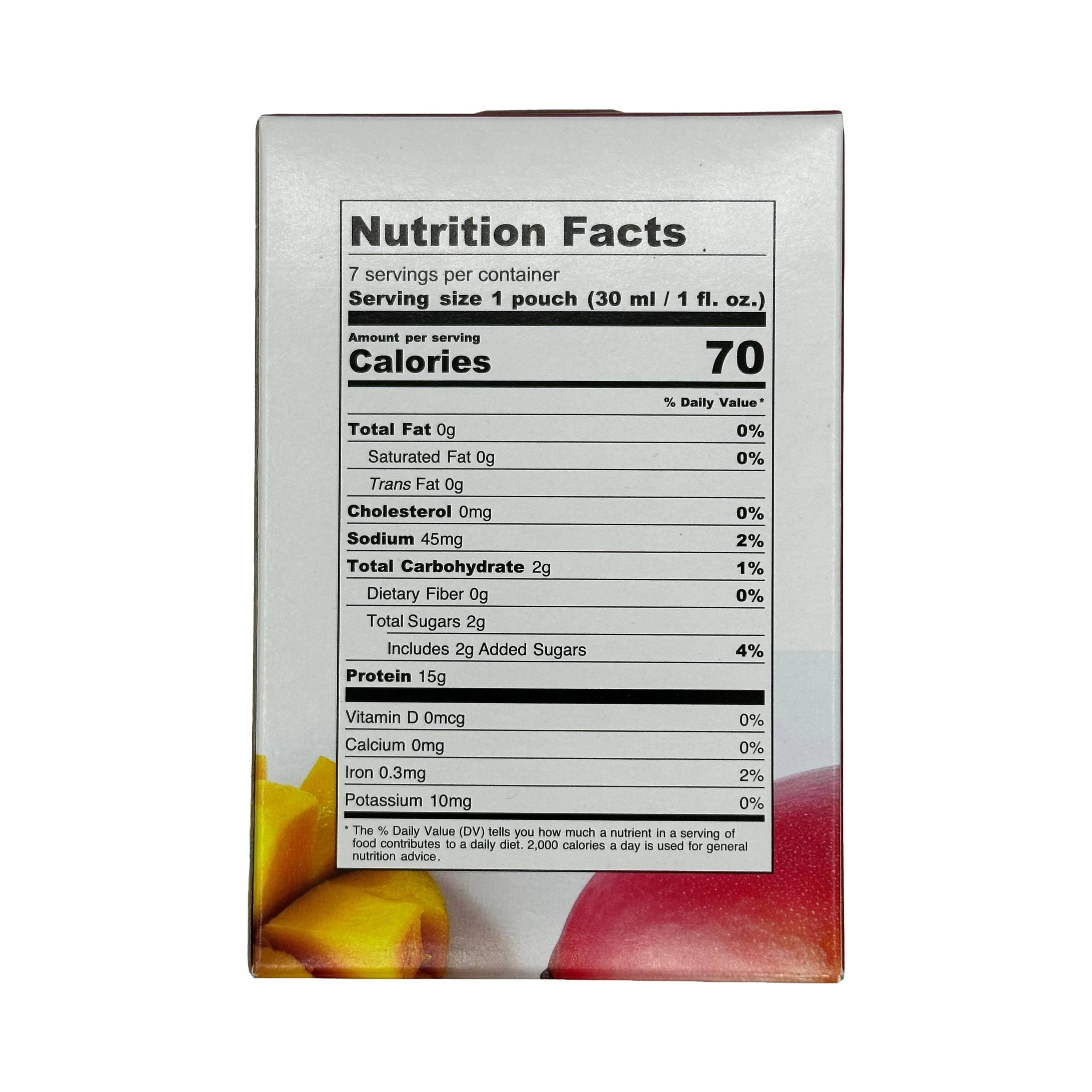 A nutrition facts label displays serving information, calories, and nutrient content for a product, with colorful fruit images at the bottom.