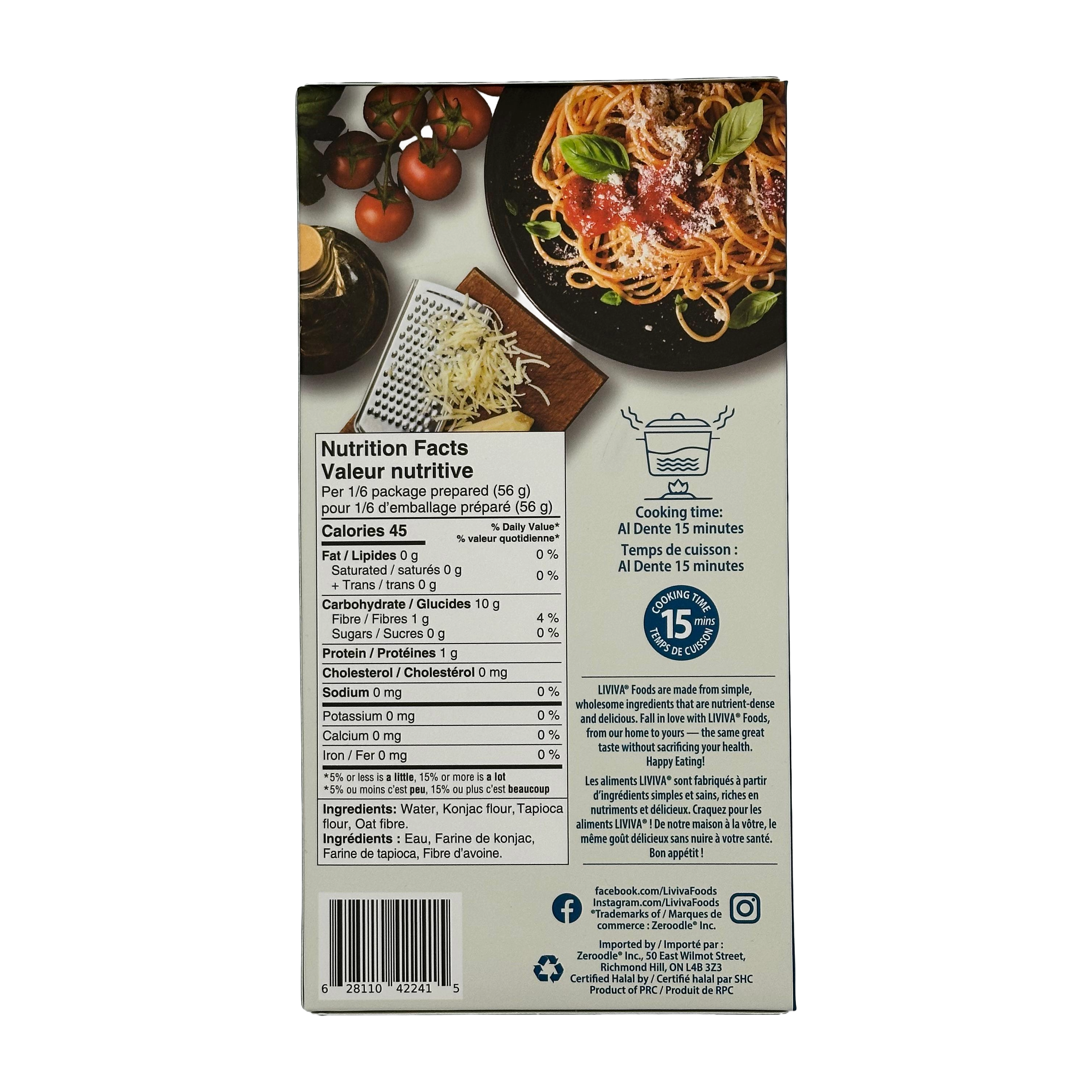 A package back displays nutrition facts for a pasta product, featuring cooking instructions, ingredients, and a photo of spaghetti with tomatoes and herbs on a plate.