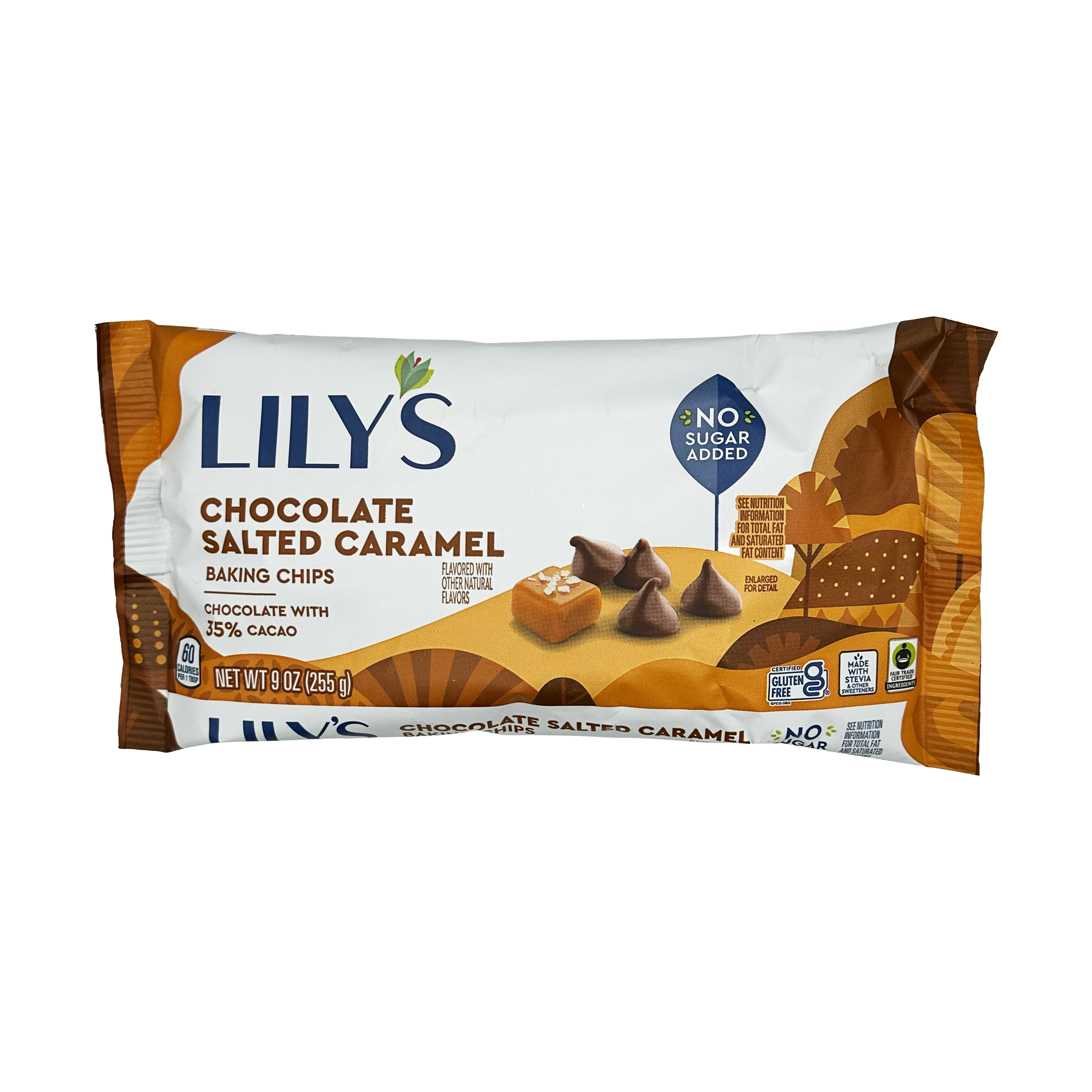 A package of Lily's Chocolate Salted Caramel Baking Chips features a colorful design with the product name, highlighting no added sugar and 35% cacao, set against a white background.